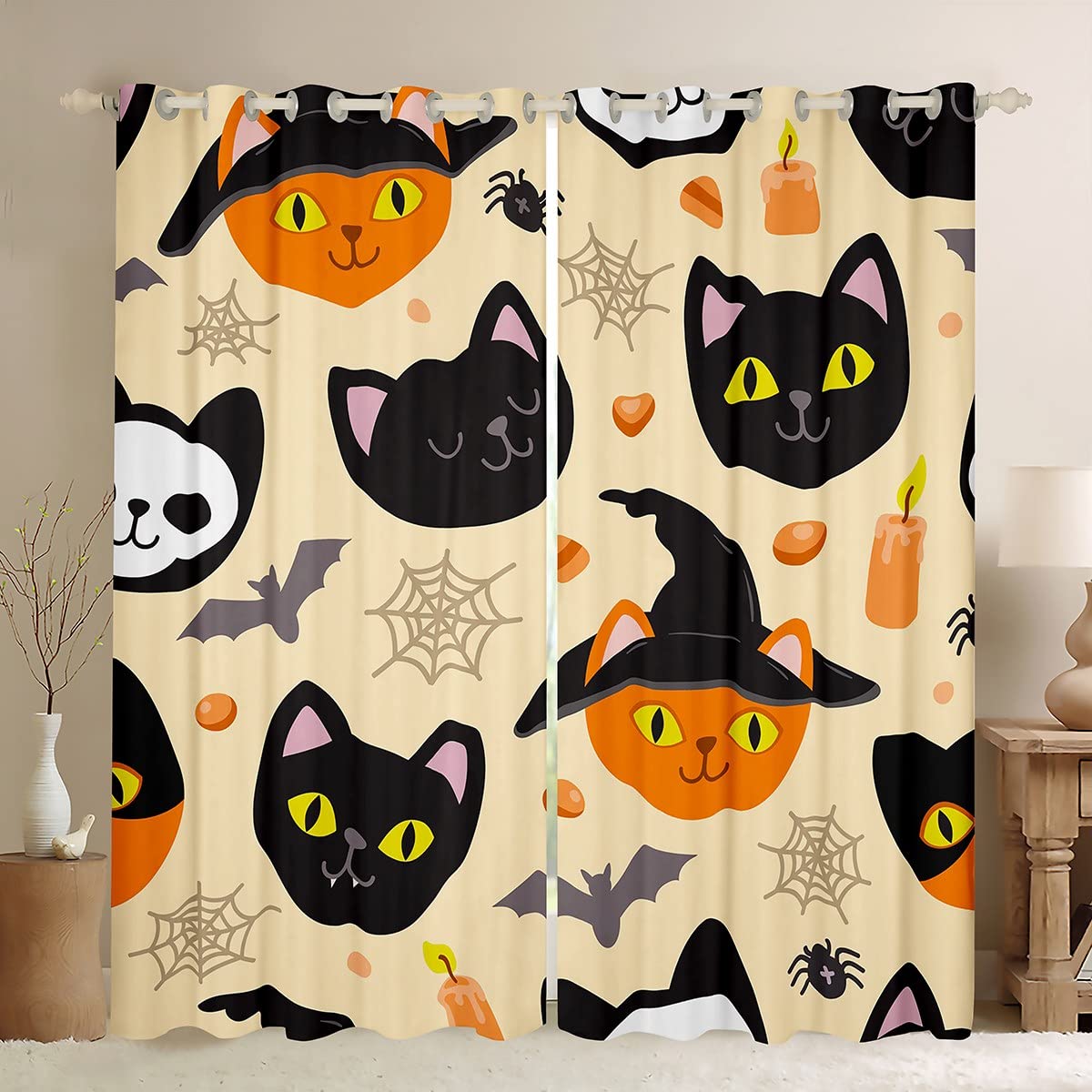 Zasłony na Halloween do sypialni salonu urocza dynia czarne koty zaciemnienie sosy Halloween motyw kołdra pokrowiec zestaw cukierek lub psikus pająk dekoracje okienne szer. 46 x dł. 54