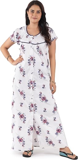 ANGLINA Women's All Over Printed Open Front Cotton Blend Nighty/Maxi/Nightgown/Nightwear WSR-140