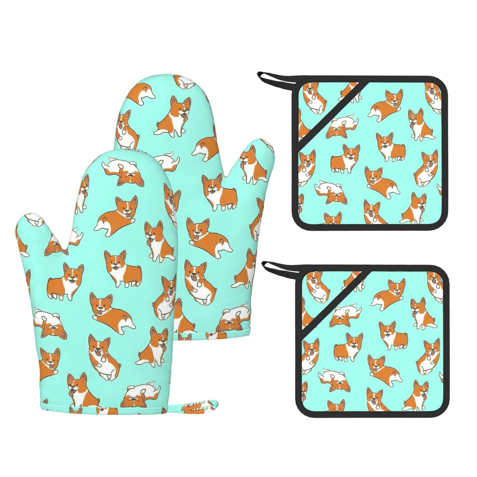 Nimongt Black Corgi Cute Dog Print Heat Resistant Gloves Pads Reusable Kitchen Set Oven Baking Grilling Cooking