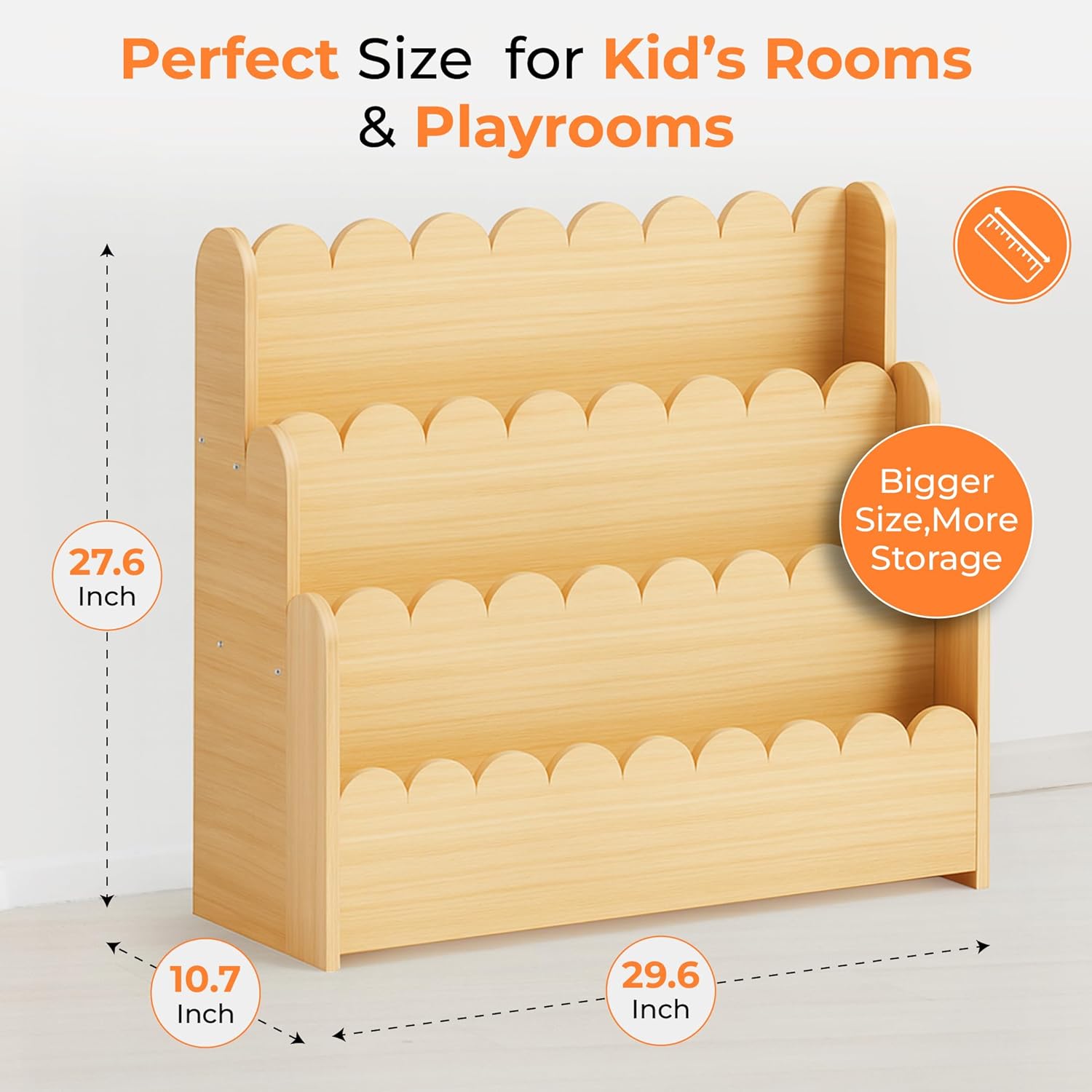 3-Tier Wooden Kids Bookshelf, Montessori Scalloped Bookcase Toddler Front Facing Book Display for Nursery, Baby Bookshelf Organizer for Kids Rooms, Playroom or Classroom - Image 2