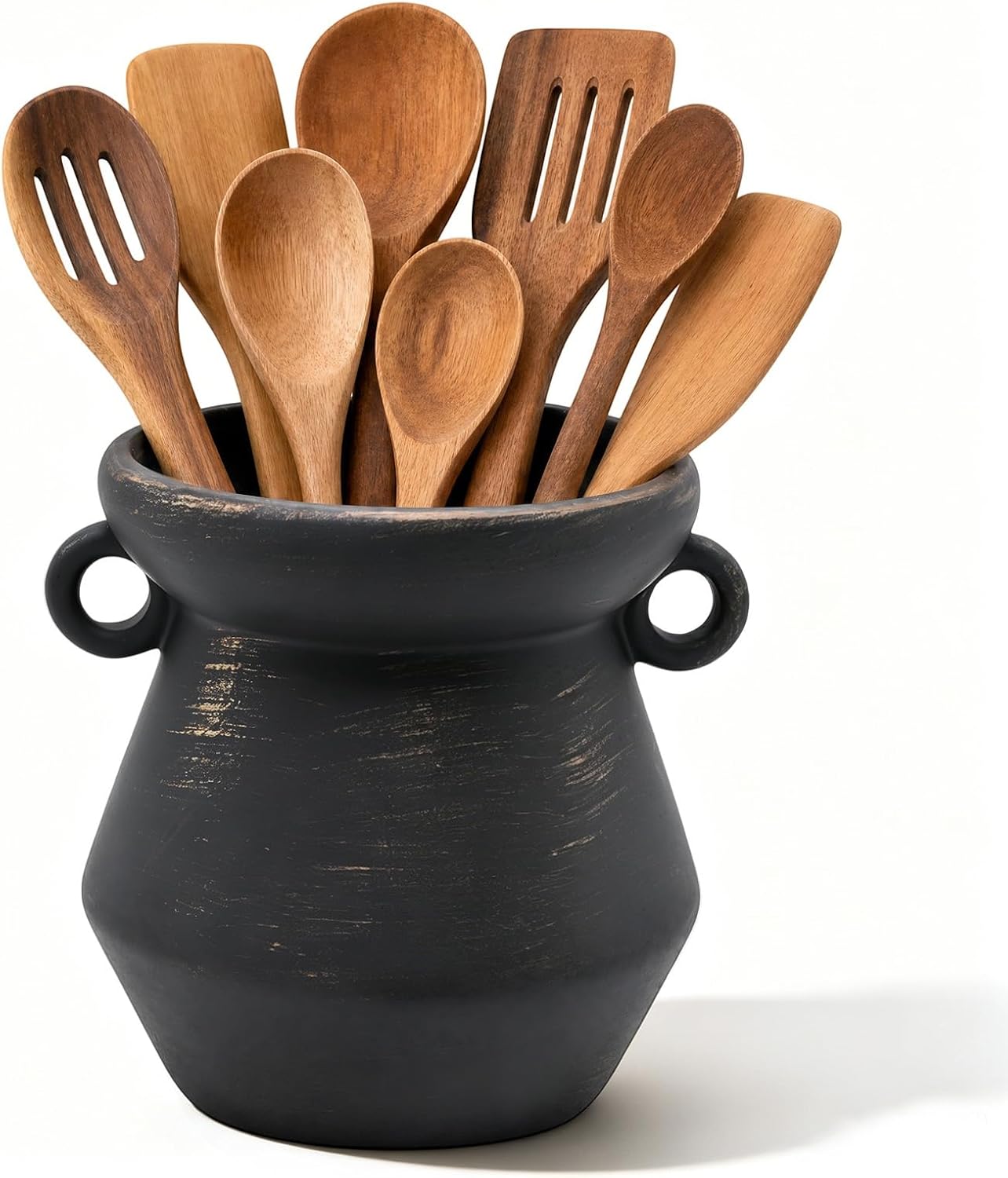 Rustic Kitchen Utensil Holder - 7.4 Inch Ceramic Vintage Farmhouse Cooking Utensil Holder for Countertop, Antique Home Decor Kitchen Countertop Organizer, Retor Kitchen Counter Decor