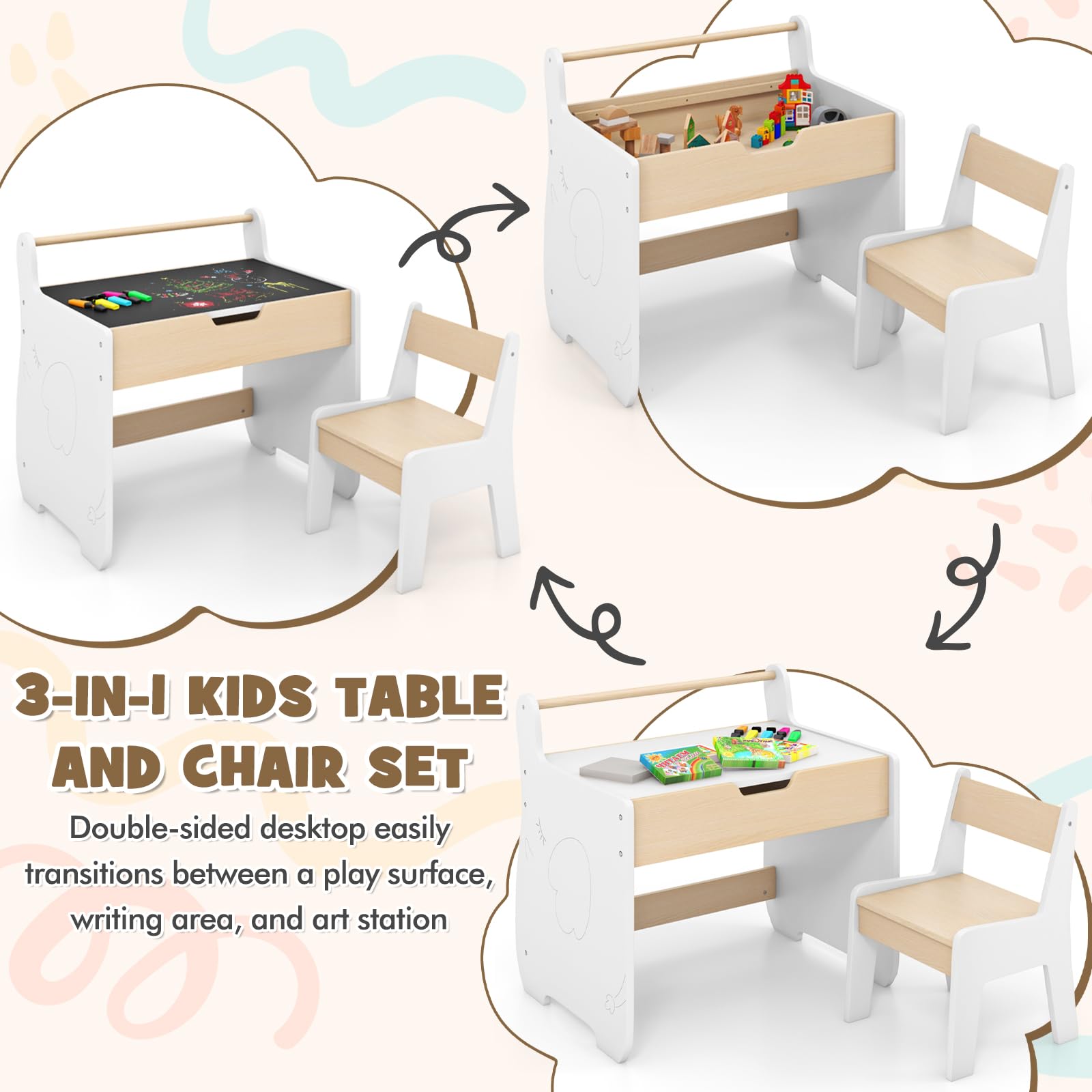 Kids Table And Chairs Set HONEY JOY – 3-in-1 Wooden Activity Table With ...