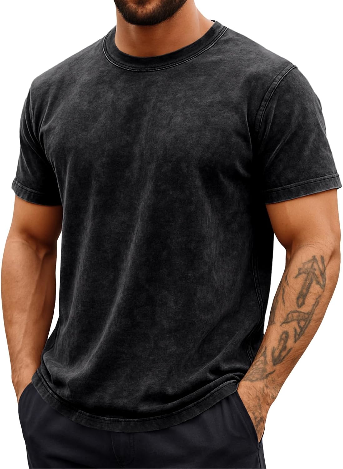 Runcati Mens Short Sleeve T-Shirts 100% Cotton Heavyweight Casual Crew Neck Shirt Vintage Acid Wash Summer Tees