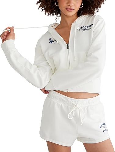 Aeropostale Women's Los Angeles Cropped Full Zip Hoodie, Cream, Extra Large