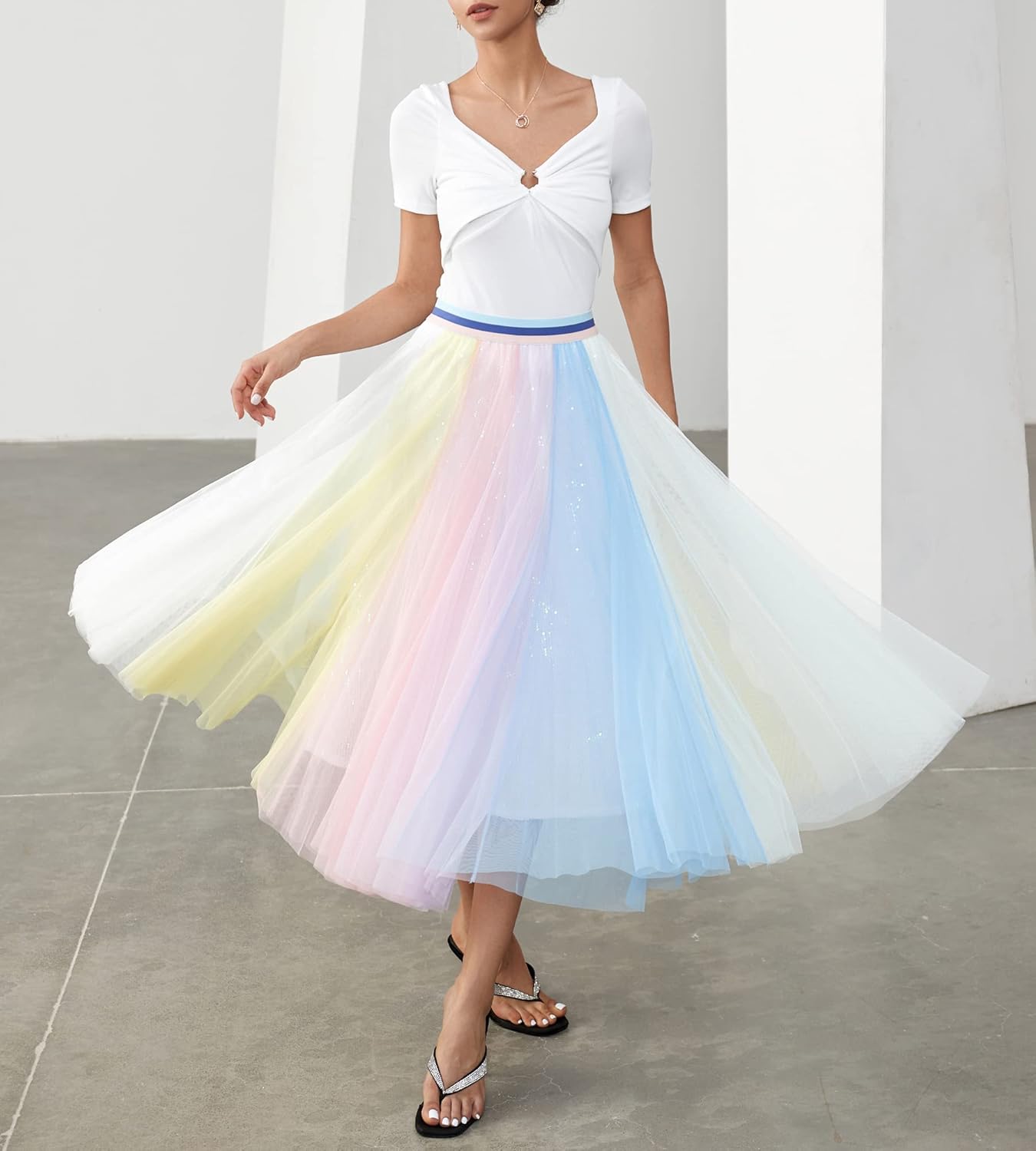 Women Pleated Long Tulle Skirt High Elastic Waist Swing Casual Midi Skirt - Image 3