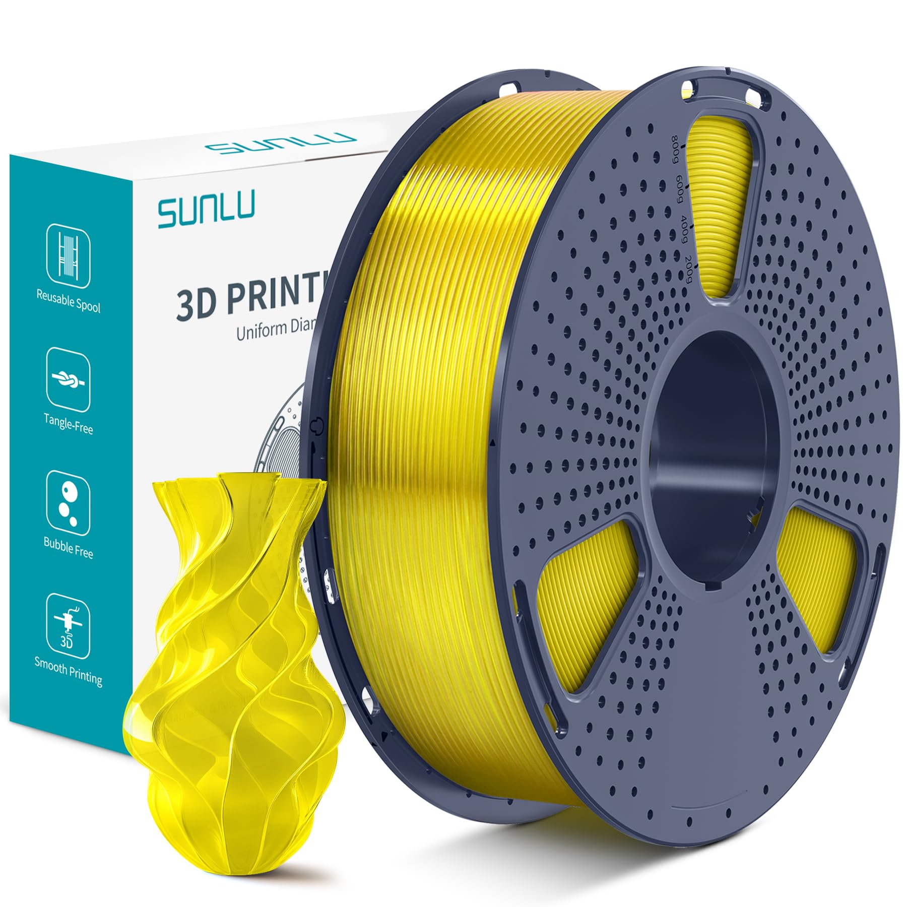 SUNLU PLA Plus filamento per stampante 3D, Filamento PLA+ 1.75 mm, Resistenza migliorata Compatibile con stampanti 3D, Precisione dimensionale +/- 0.02mm, Bobina da 1kg (2,2LBS), Giallo Trasparente