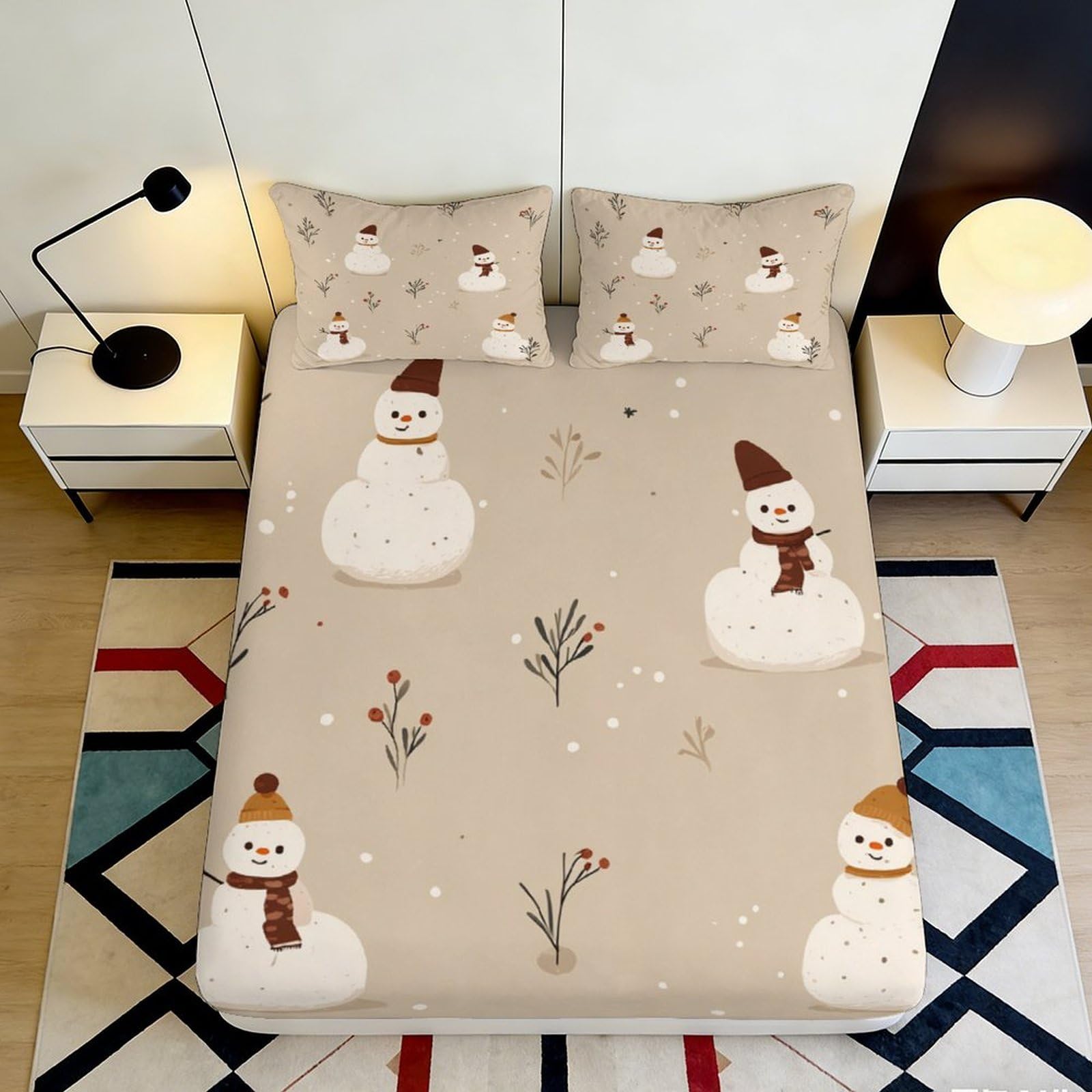 Dhbaneiok Style-9 3D Printed Snowman Winter Fitted Sheet Microfiber Non-Slip Bed Cover For Bedroom Guest Room Dorm Mattress Decor 90X200x25cm