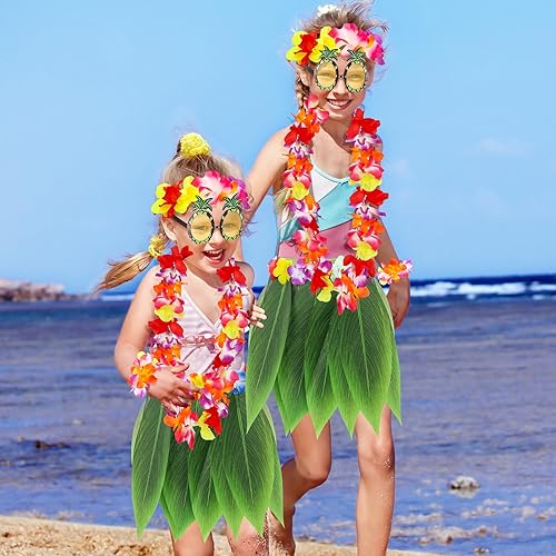 Miniatura 6 de Falda de hierba para niñas para fiesta de Luau, falda hawaiana de hula con flores Leis para decoración de fiesta de playa y Hawaii Luau