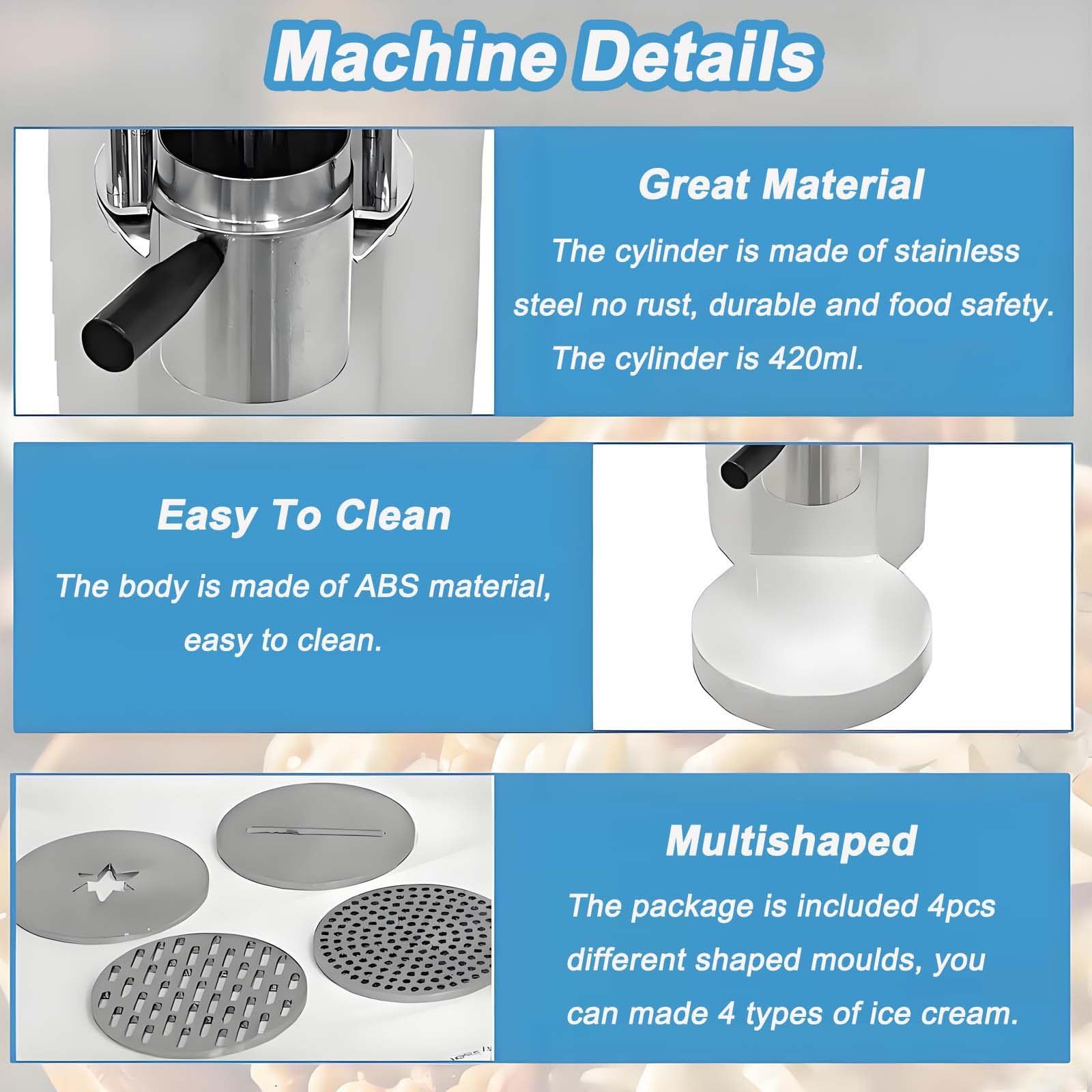 Máquina mezcladora de Helado Comercial, prensadora de Helado de Espagueti, máquina para Hacer Helados con Forma de Fideos para heladerías, Bares, cafeterías, restaurantes y Snacks. White