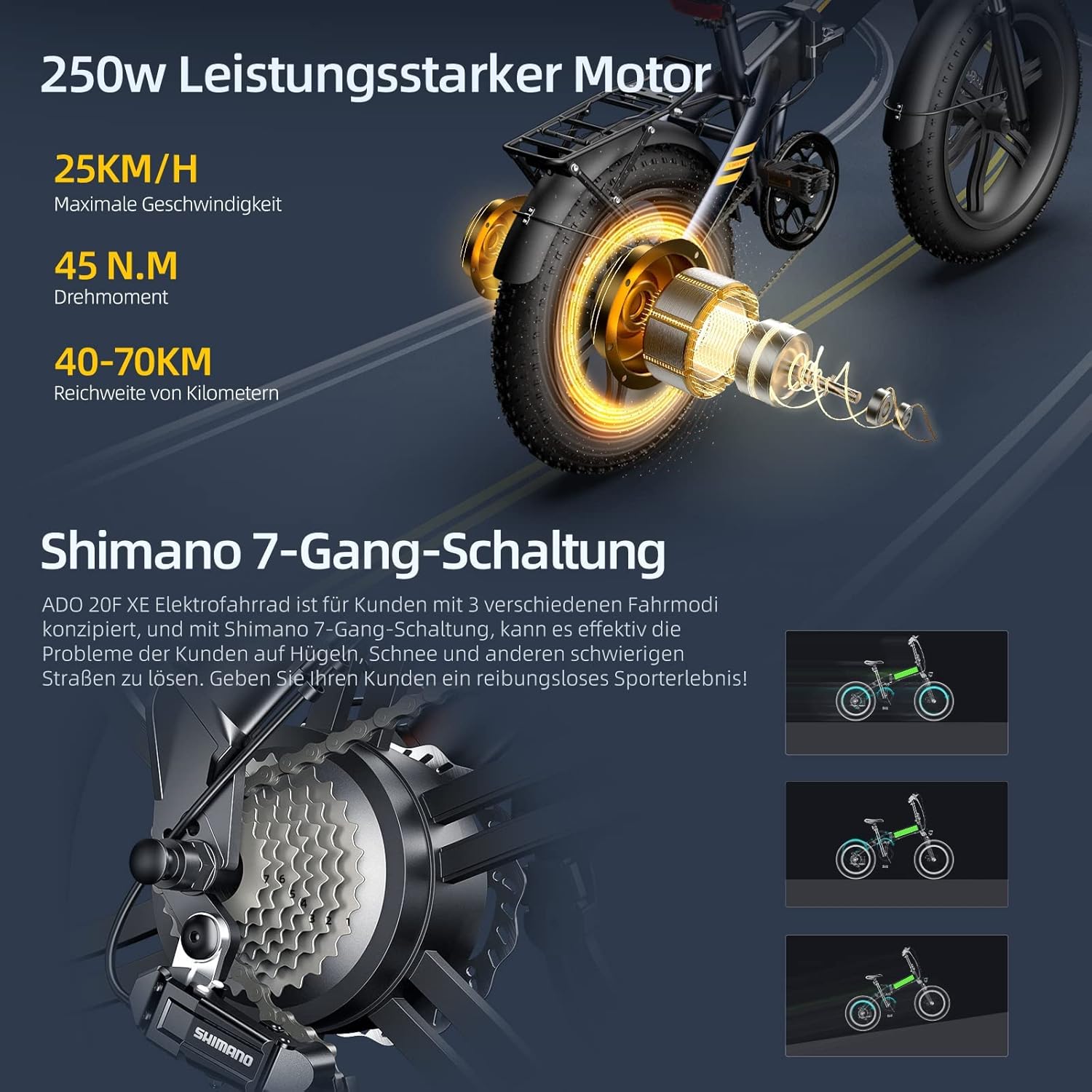 250W motor and Shimano 7-speed gearbox