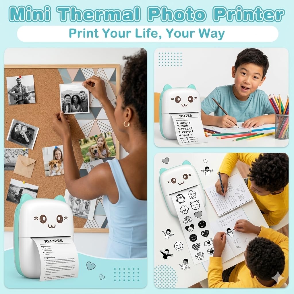Mini Impresora térmica portátil para móvil con bluethoot. Impresora fotográfica sin Tinta con 1 Rollo de Papel térmico. Mini Printer Infantil Compatible con iOS y Android. Color Azul