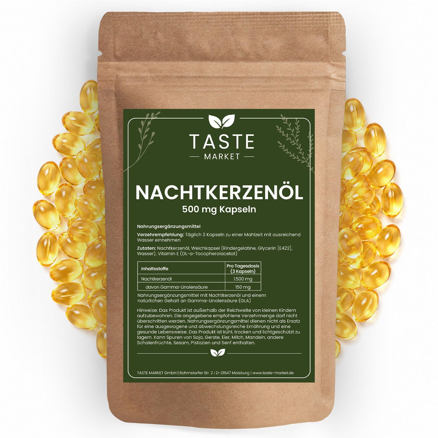 Nachtkerzenöl 500 Kapseln 1500 mg Tagesdosis 10% Gamma-Linolensäure Nachtkerzen Öl GLA
