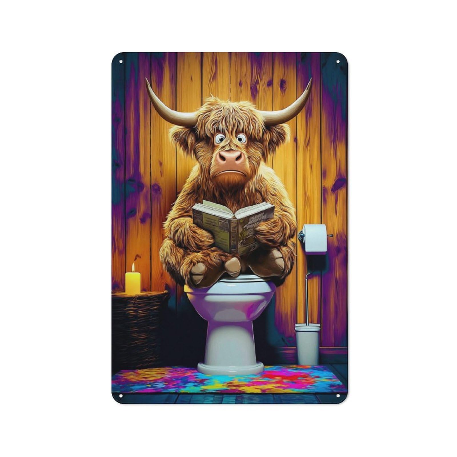 Junmoney Highland Cow Reading In The Bathroom -3 Tin Wall Plaque 30X20cm With For Guest Room Or Hallway, For Hallway Wall Decor Fans