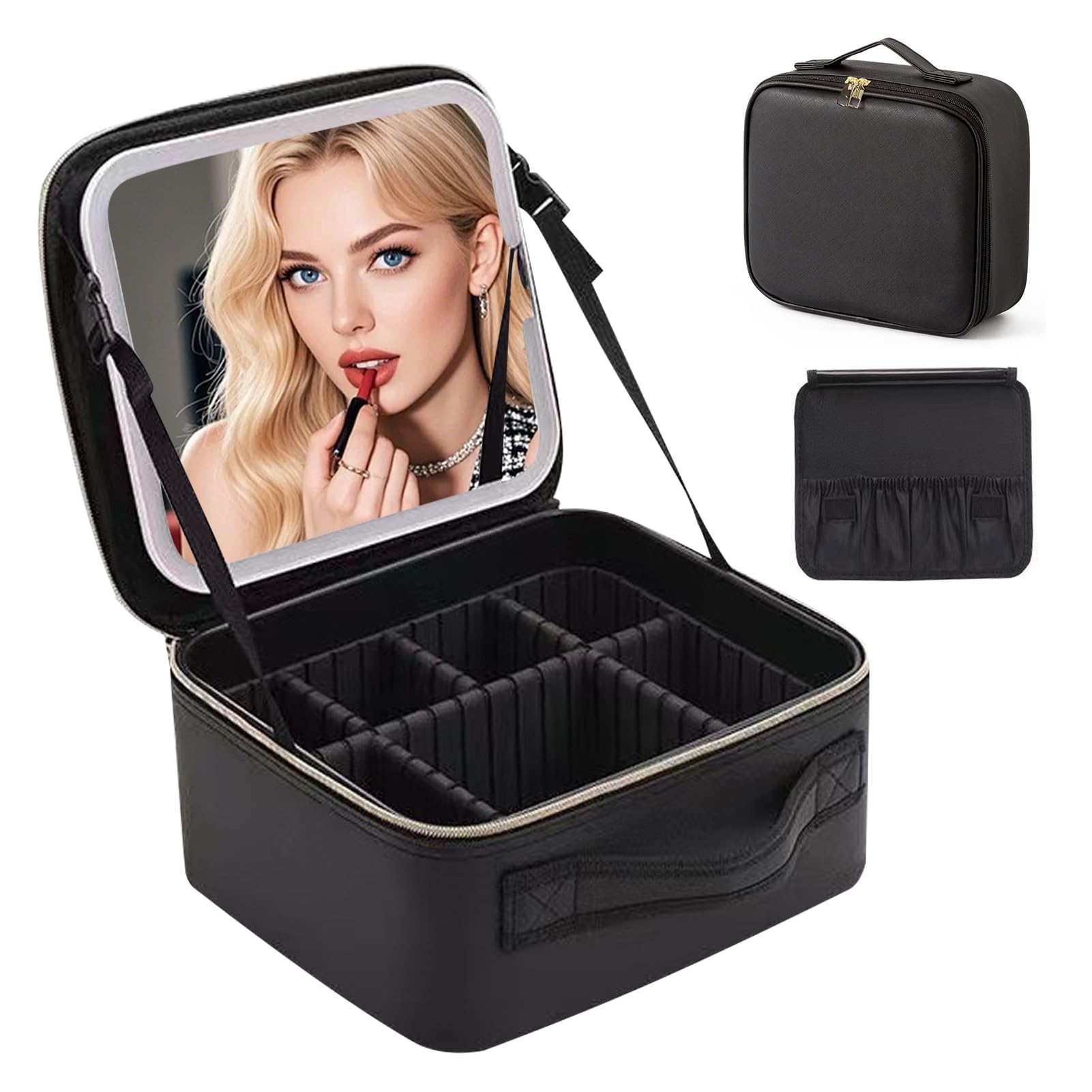 Kosmetiktasche mit LED Beleuchtung Spiegel, Kosmetikkoffer Damen Make up Tasche Make up Koffer Reise Schminkkoffer Damen, Einstellbare Helligkeit in 3 Farben, Makeup Organizer für Geschenk (Schwarz)