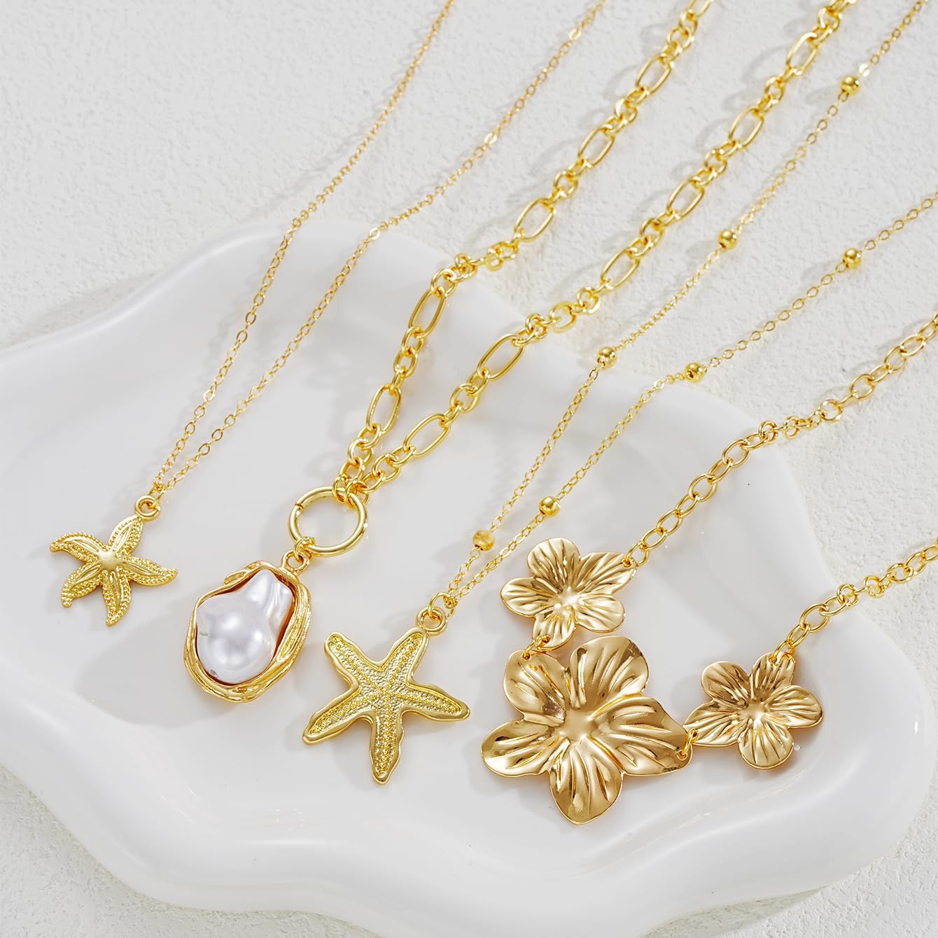 Gold Starfish Necklace for Women Gold Starfish Flower Shell Peral Pendant Layered Stackable Necklace Summer Beach Jewelry - Image 5