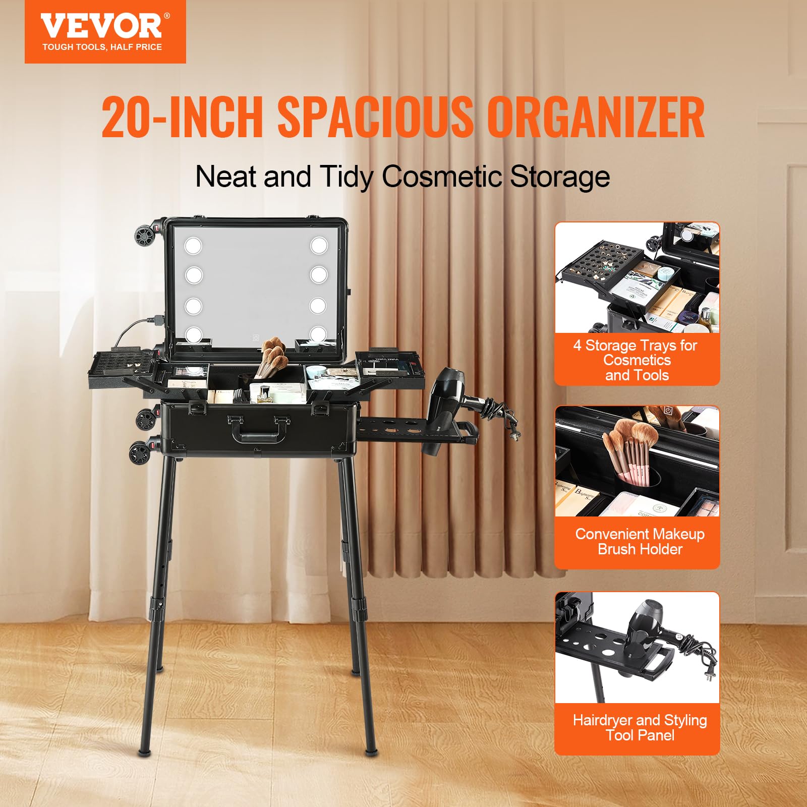 VEVOR Valigetta Portatile Astuccio per Trucco con Serratura con Specchio 4 Vassoi Porta Pennelli, Valigetta Astuccio per Matite, Scatola Trucco per Cosmetici Rotelle Girevoli a 360° Supporto Estetiche