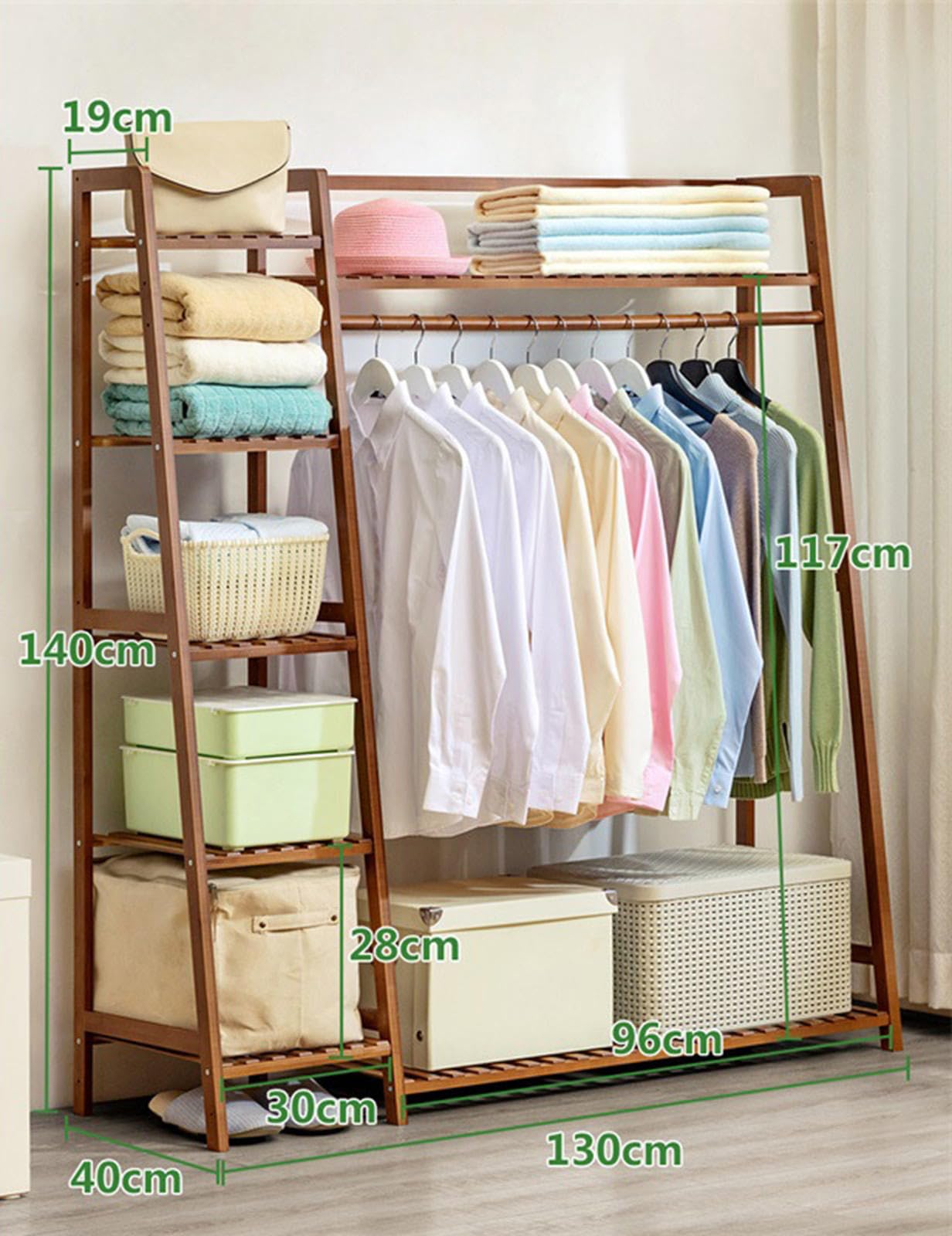 5-poziomowy bambusowy wieszak na ubrania z miejscem na buty, wolnostojący organizer do szafy z wiszącymi drążkami, idealny do sypialni i szatni, B-130 cm, trwały i stylowy