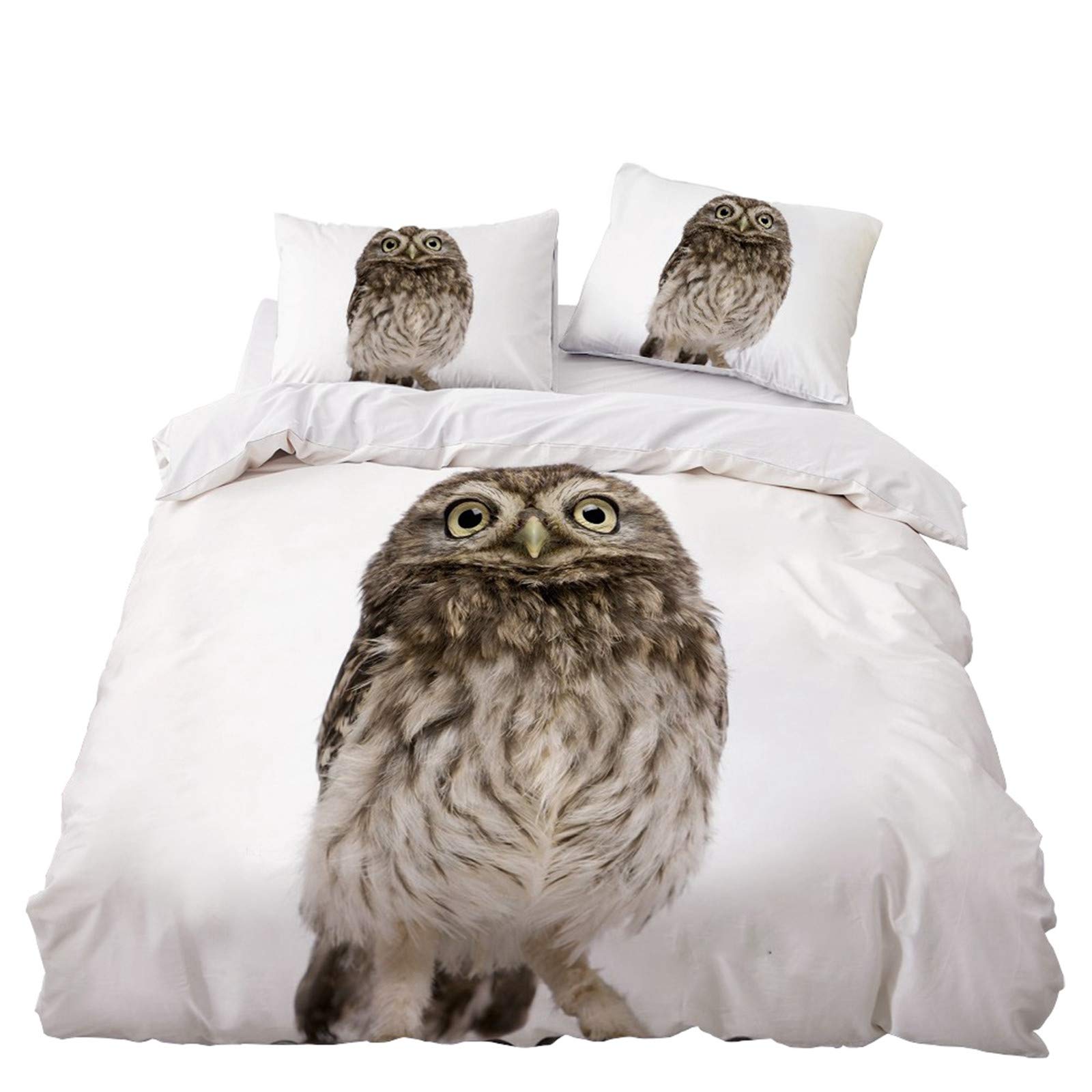 Sticker Superb. Animal 3D Bedding Set Soft Microfiber Polyester Zipper Duvet Cover with Pillowcase 50x75 cm Boy Girl Quilt Cover Single Double King Size, Grey White Owl (Gray,Single 135x200 cm)