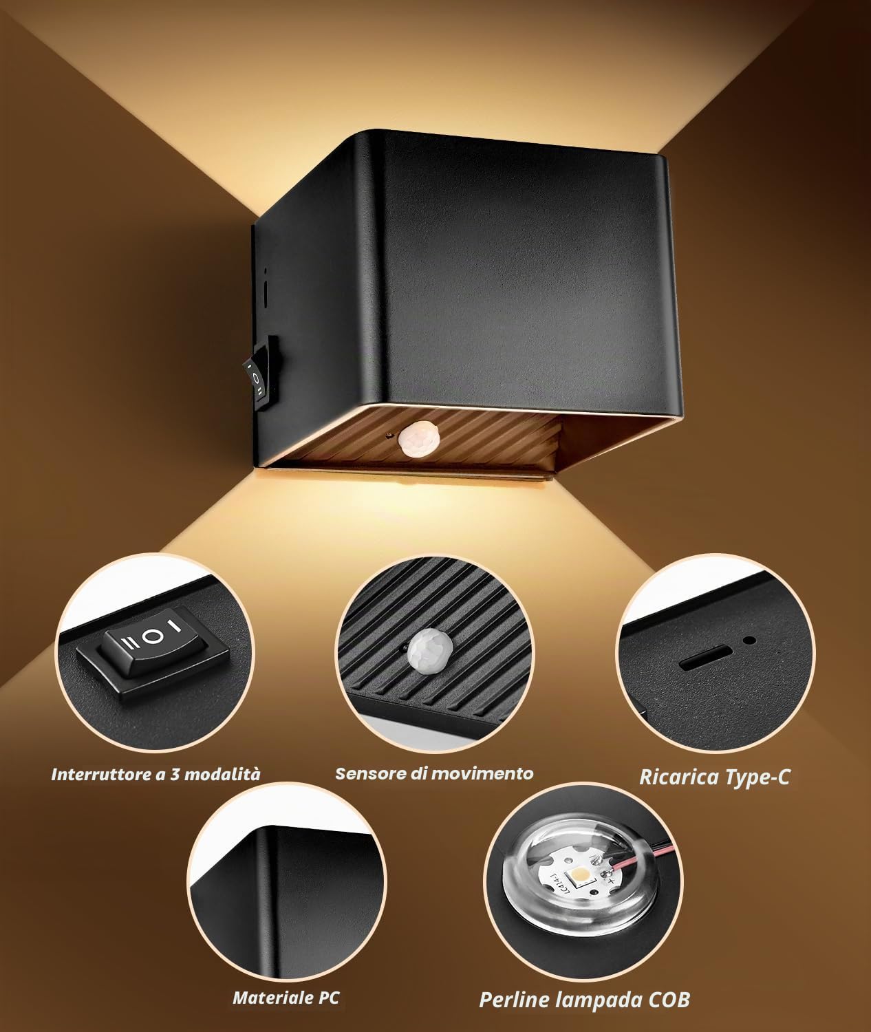 GeyouLux 2 lampade da parete a batteria da 6000 mAh, con sensore di movimento, interno da 5 W, ricaricabili, per interni, senza collegamento di alimentazione, con 3 modalità, 3000 K, batteria interna