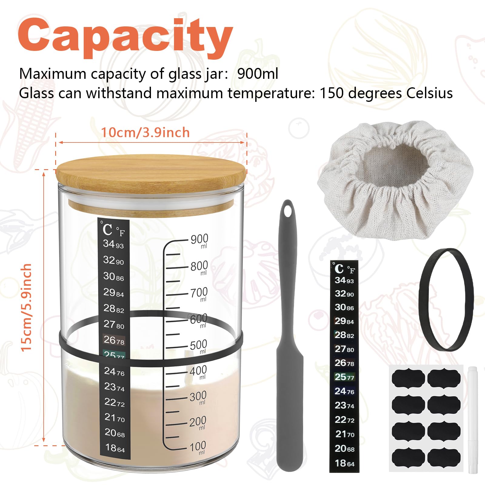 Sauerteig Starter Set 900ml Glas mit Holzabdeckung Gummibänder Spatel Thermometer Stoffhut Brot Backen Starterset