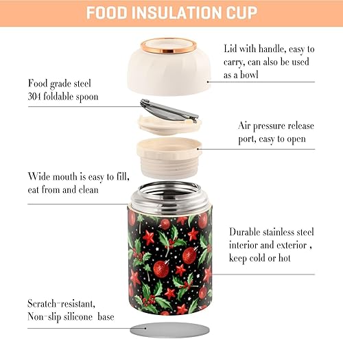 Miniatura 4 de Christmas Bell Evergreen Bough - Tarro de alimentos con cuchara de acero inoxidable aislado al vacío, recipiente de alimentos de 17 onzas para