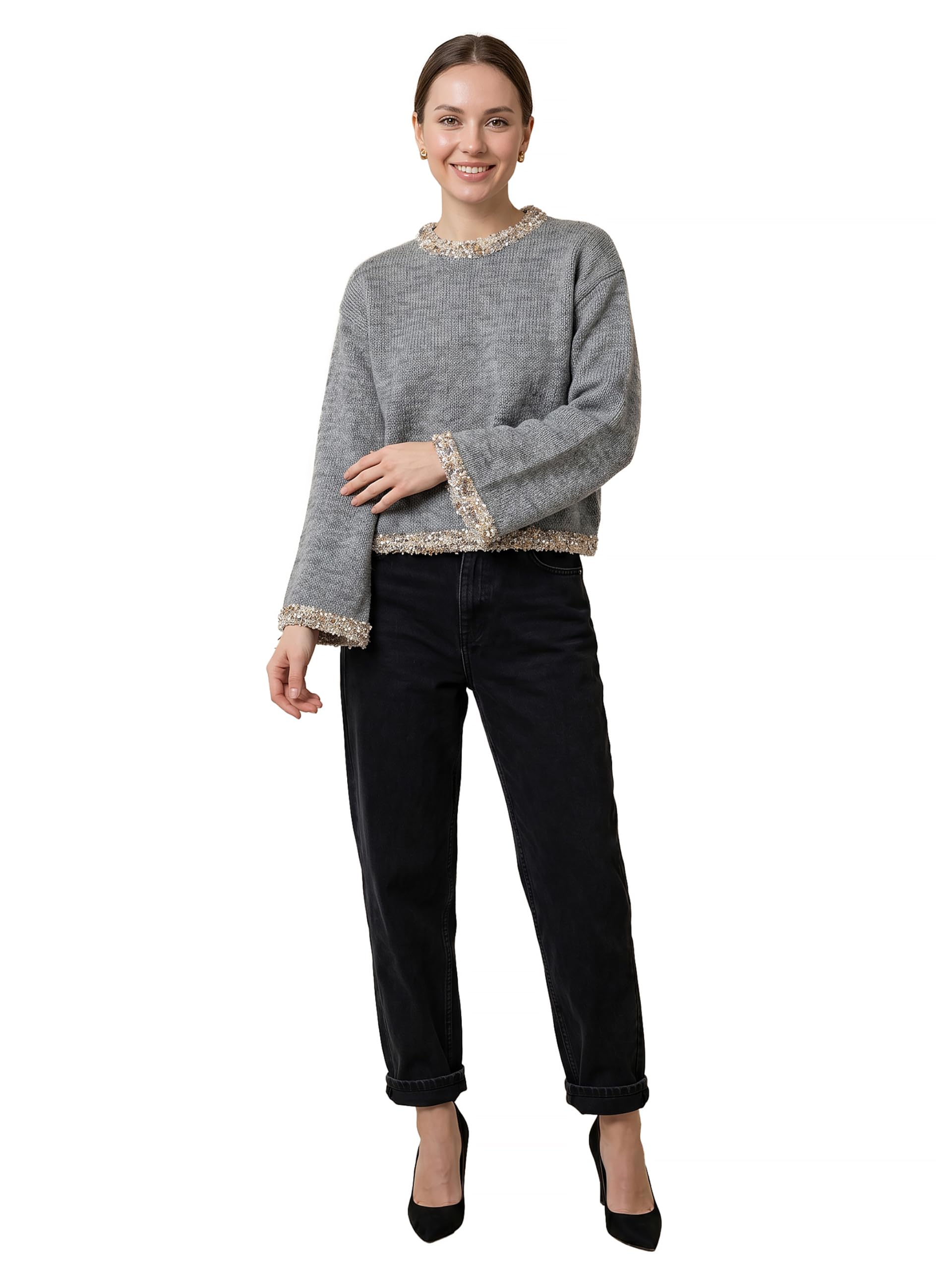 gfo Women Round Neck Full Sleeve Knitted Pullover with Embellished Neck and Hem-picture-17