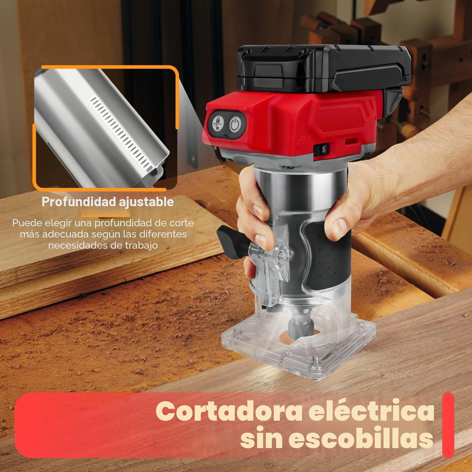Fresadora con batería compatible con batería Milwaukee de 18 V, 800 W sin escobillas, router con 5 marchas, 30000 rpm, 5 unidades de 1/4 de cuello ranurado para carpintería, corte (sin batería)