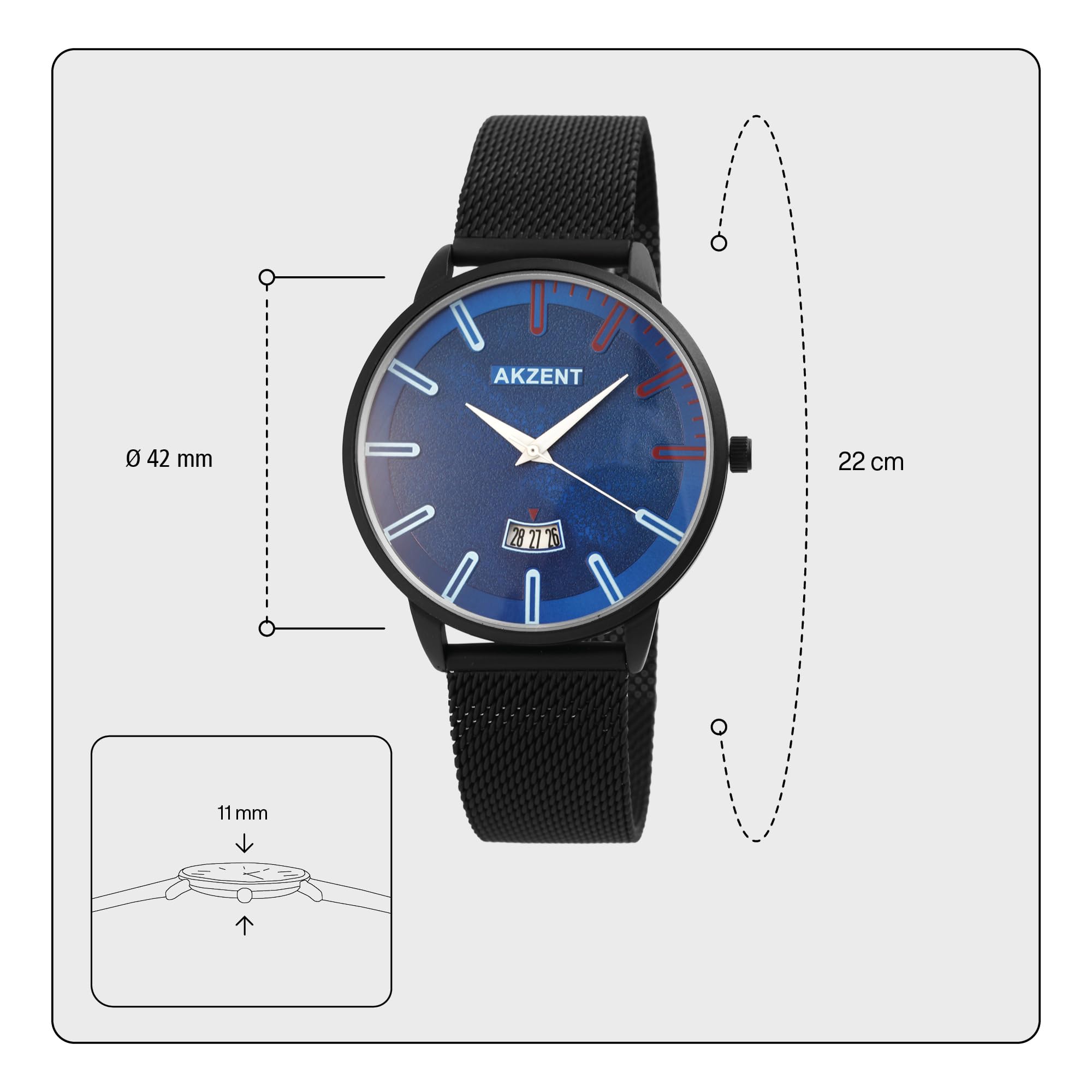 Akzent Milanaise 2300005 - Orologio da uomo con cinturino in rete in acciaio INOX, colore: Grigio/Bianco/Blu/Nero