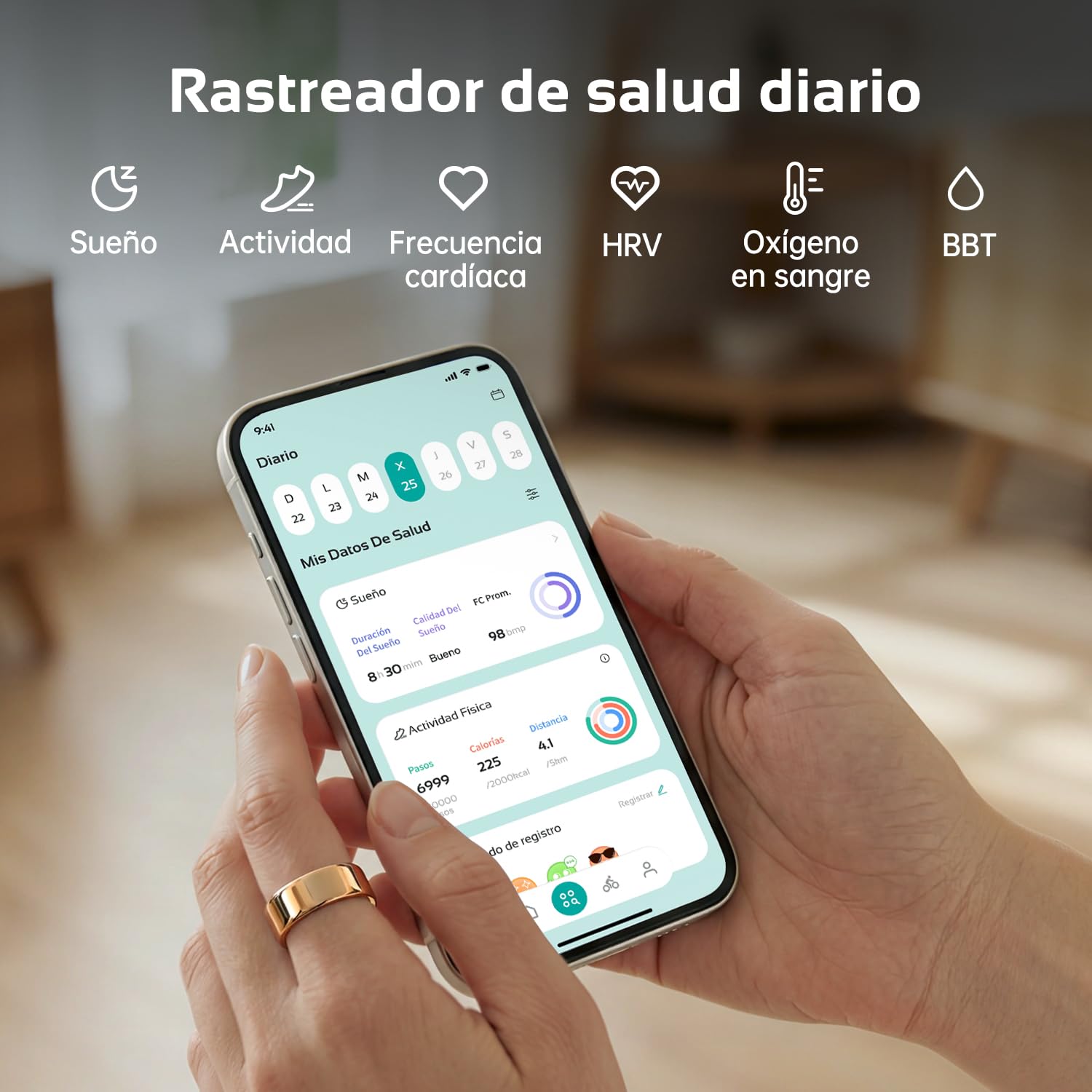 opove O Ring Anillo Inteligente, Smart Ring con Monitorea el sueño, la frecuencia cardíaca y el estrés y Calorías | sin suscripción | 8-12 días de autonomía | Compatible iOS & Android, Oro Rosa-8