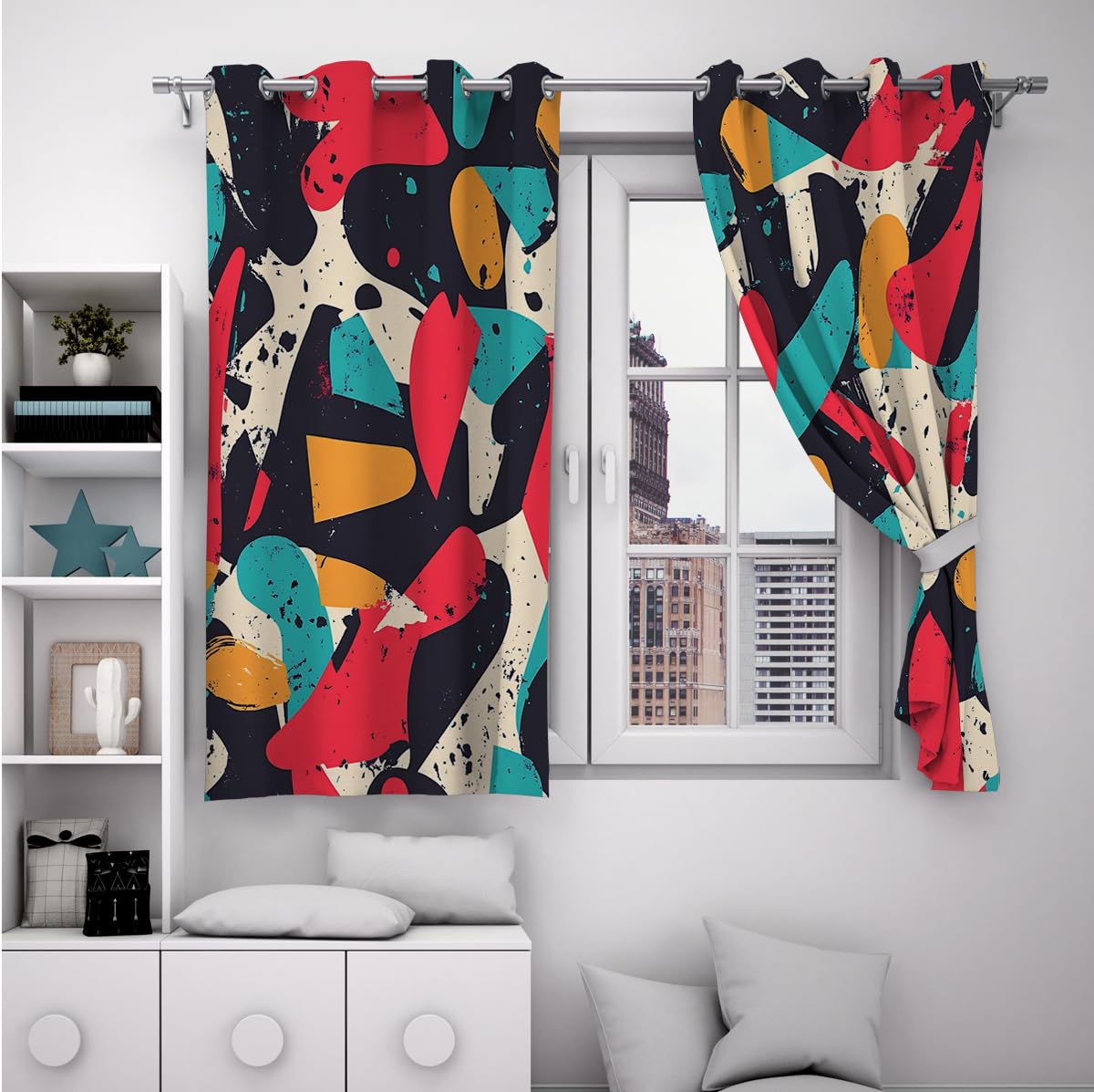 Nordyckie zasłony zaciemniające z połowy wieku, retro, pop-art, blok kolorów, przelotki, izolacja termiczna, do sypialni nastolatki, wielokolorowe, 2 panele (szer. 168 x dł. 228 cm)