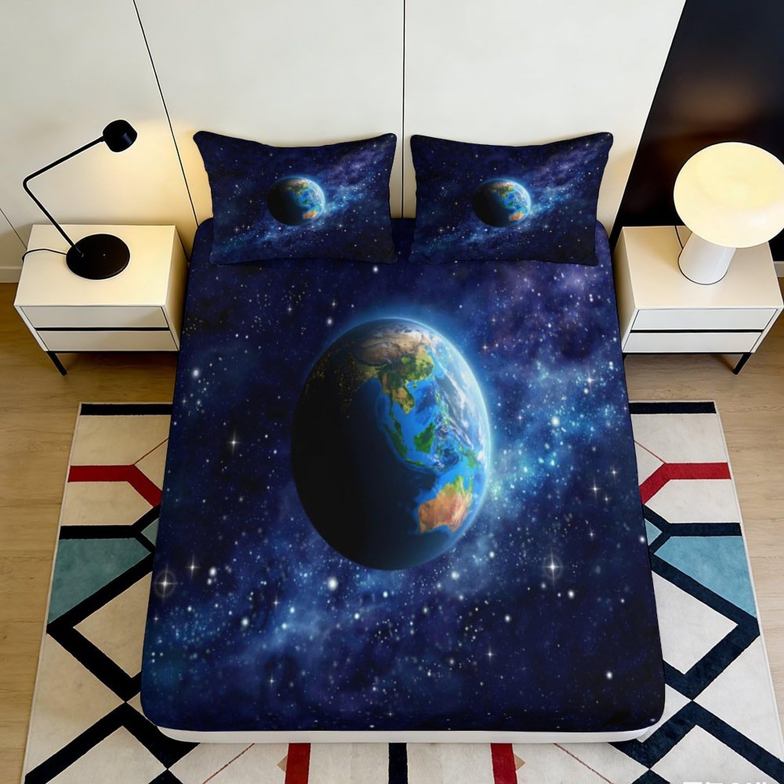 3D Printed Earth Space Galaxy Fitted Sheet Microfiber Deep Blue Planet Mattress Cover Bedroom Decor 90x200x25cm