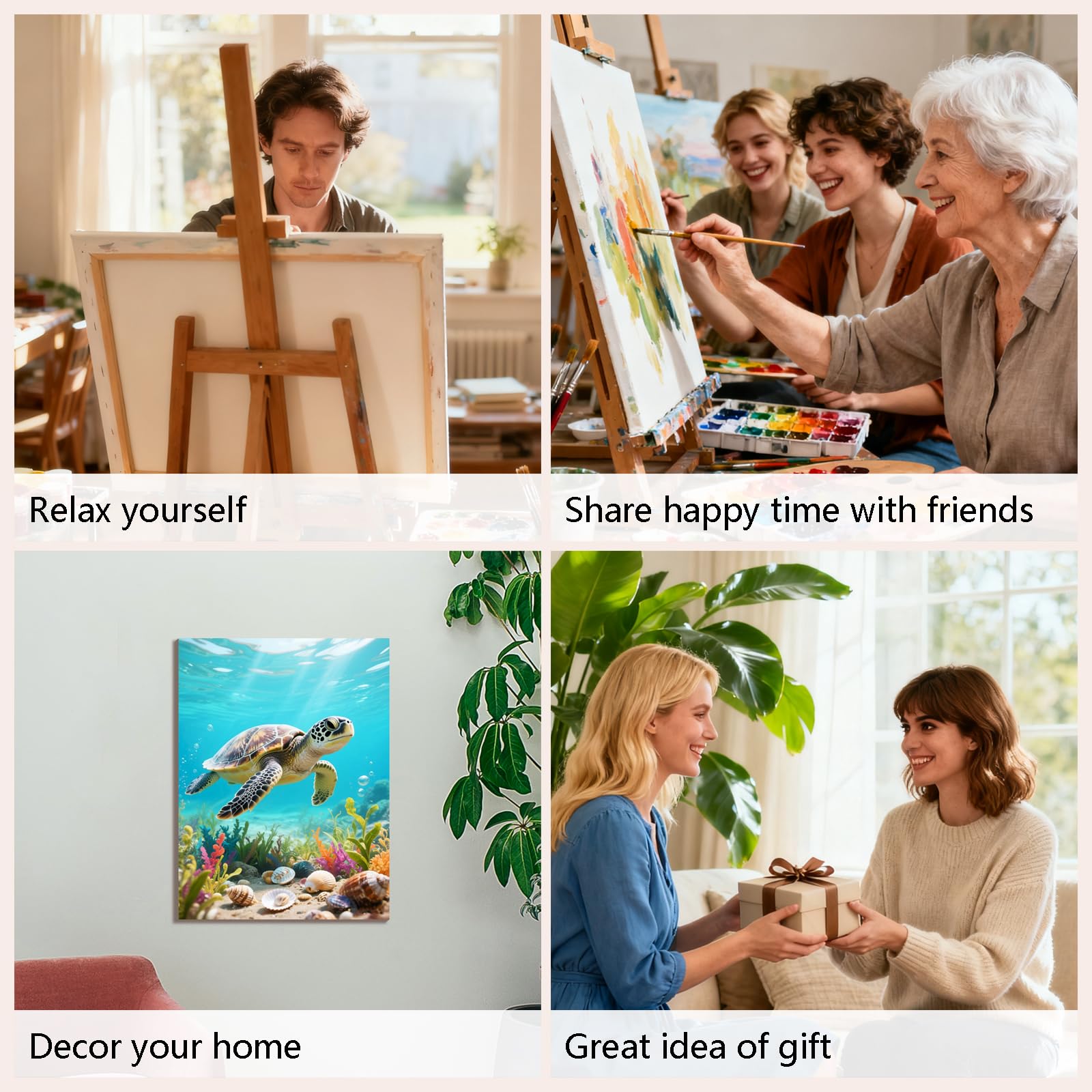 Fokenzary Kit de Pintura por Números para Adultos DIY Tortuga Marina Animal Marino Lienzo Conjunto para Principiantes con Caballete y Pinturas Acrílicas con Marco (20x30cm x 4pcs) — view 8