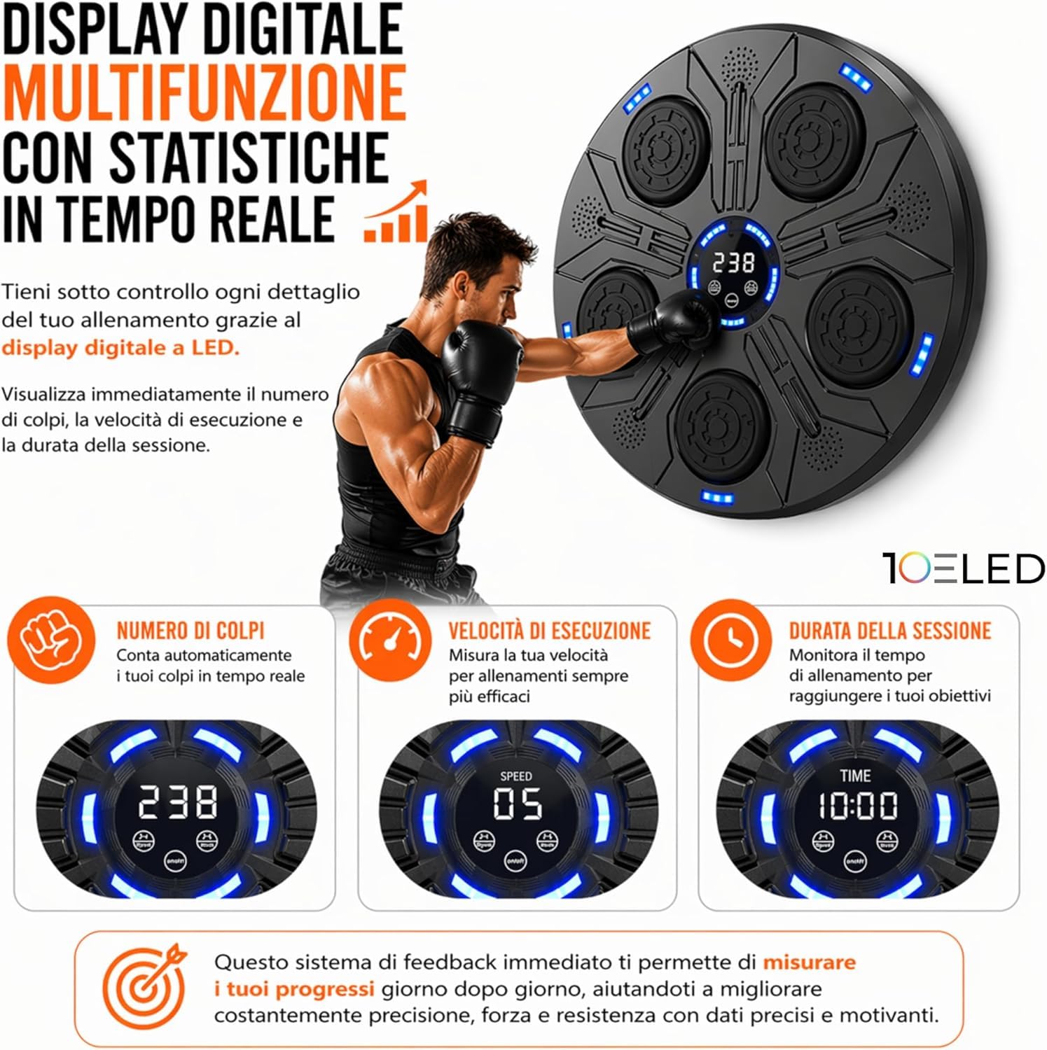 Music Boxing Machine Interattiva con LED a Parete e Bluetooth - 5 Pad Reattivi - Display Digitale - Guantoni INCLUSI - Beat Punch Allenamento Casa per Riflessi, Velocità e Coordinazione
