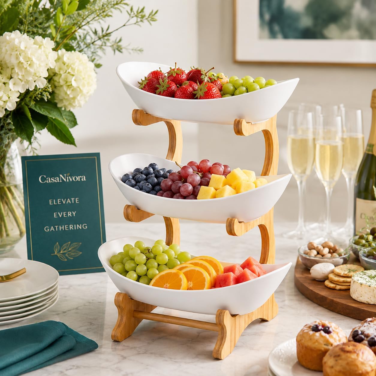 3-Tier Fruit Bowl Stand with Bamboo Frame, Large Plastic Fruit Basket Organizer for Kitchen Countertop, Tiered Produce Storage Rack for Fruits, Vegetables, Snacks, Candy, Salad, Dessert & Serving