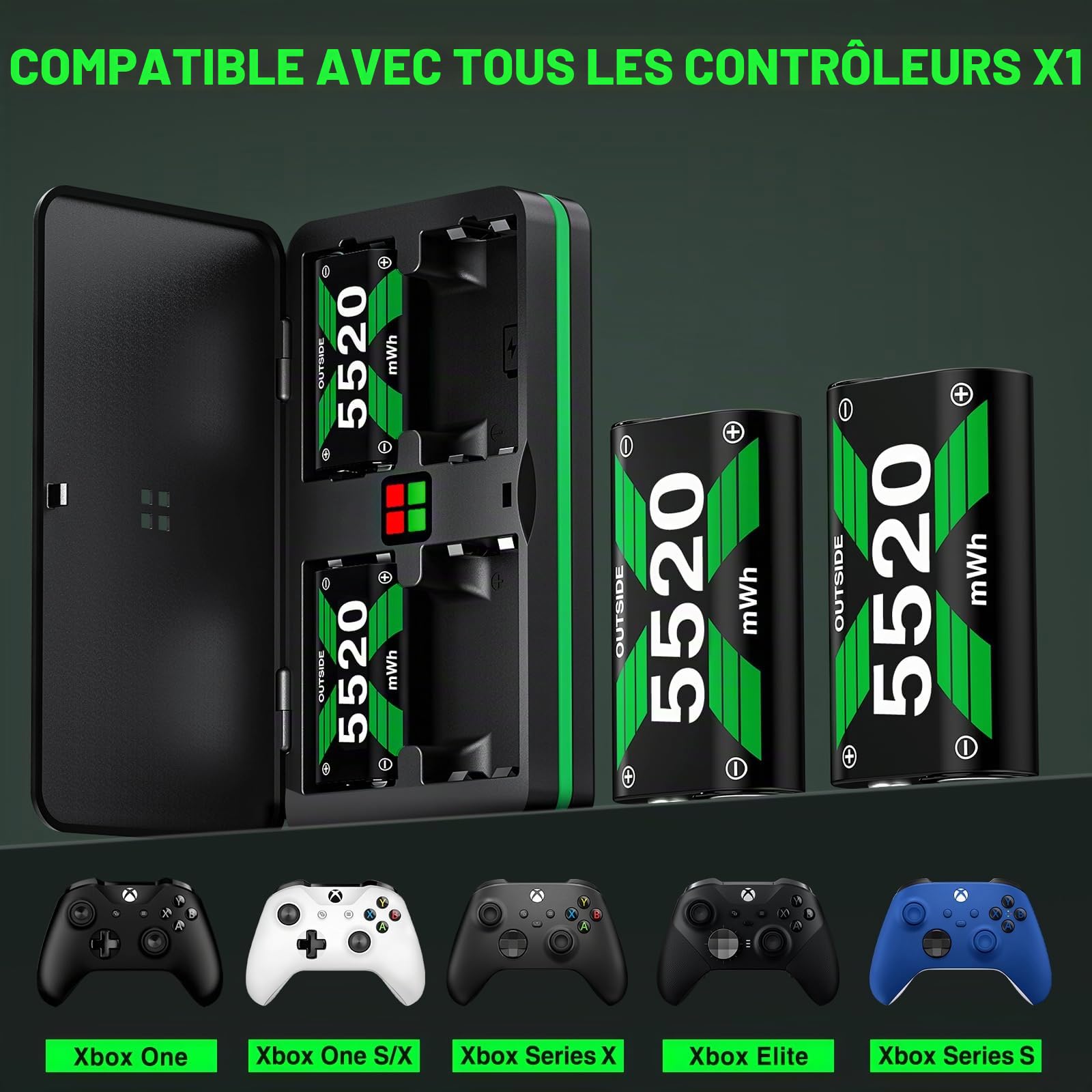 Lot de 4 batteries 5520 mWh pour manette Xbox Series X/Xbox Series S - Pour manette Xbox One/One S/One X/One Elite - Station de charge - Monnaie interne de jeu