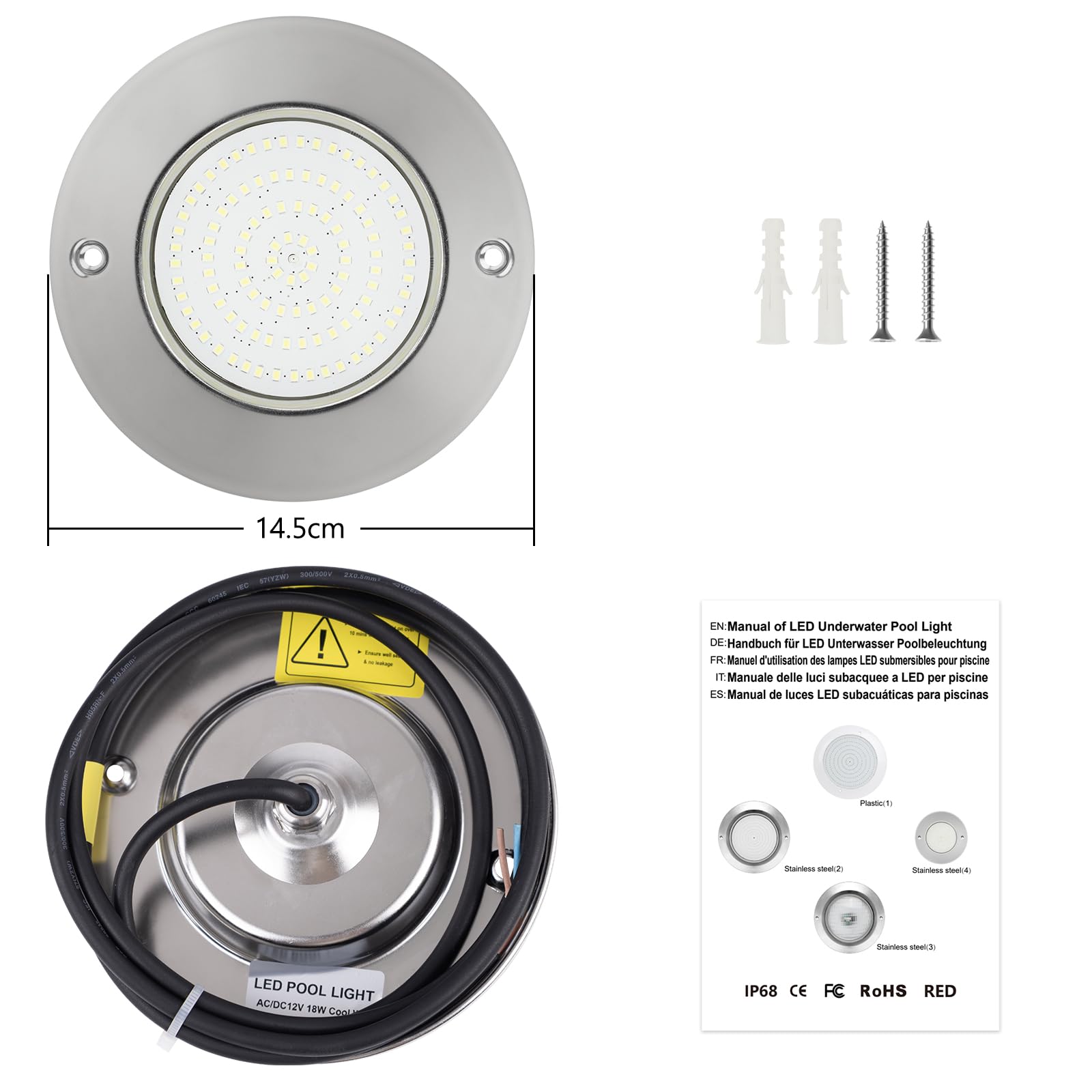 Iluminación LED para Piscina, 18W Focos Subacuáticos Blanco Frío en Acero Inoxidable, Impermeable IP68, Montaje Superficial, Lámpara para Piscina 12V AC/DC