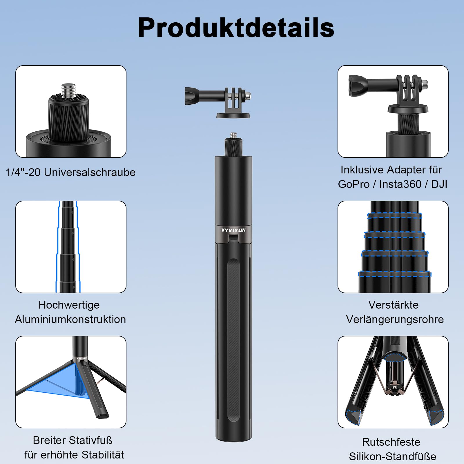Unsichtbarer Selfiestick Stativ 165cm, 2-in-1 Teleskop-Monopod für Insta360 X5/X4/ONE X2, 1/4" Zoll Handheld Pole Stick mit GoPro-Adapter für GoPro, DJI Osmo Pocket 3, Action 5 Pro/4