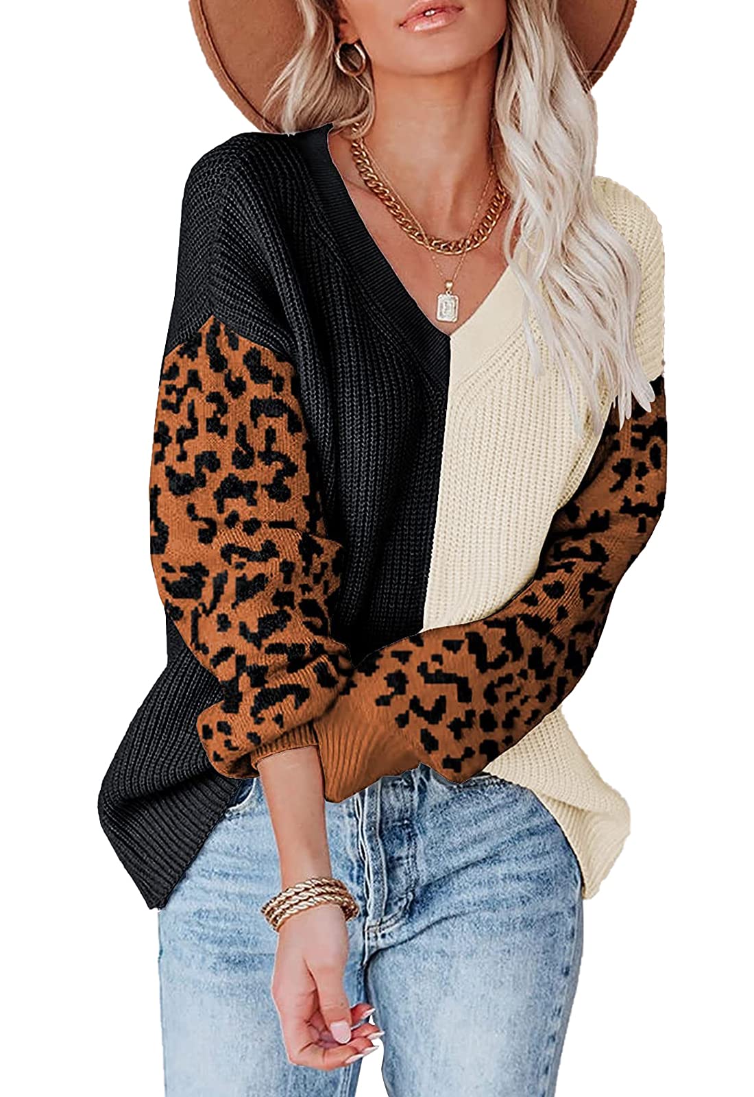 ANCAPELION Womens V Neck Sweater Pullover Leopard Long Sleeve Basic Color Block Jumper Casual Knitted Tops