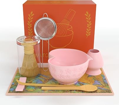 Matcha Whisk Set & Japanese Tea Set, 8PCS Ceramic Matcha Kit, Heart-shaped Matcha Bowl with Spout and Bamboo Whisk for Ceremony Matcha Lovers, Ideal Gift Christmas and Birthday Cherry Blossom Pink