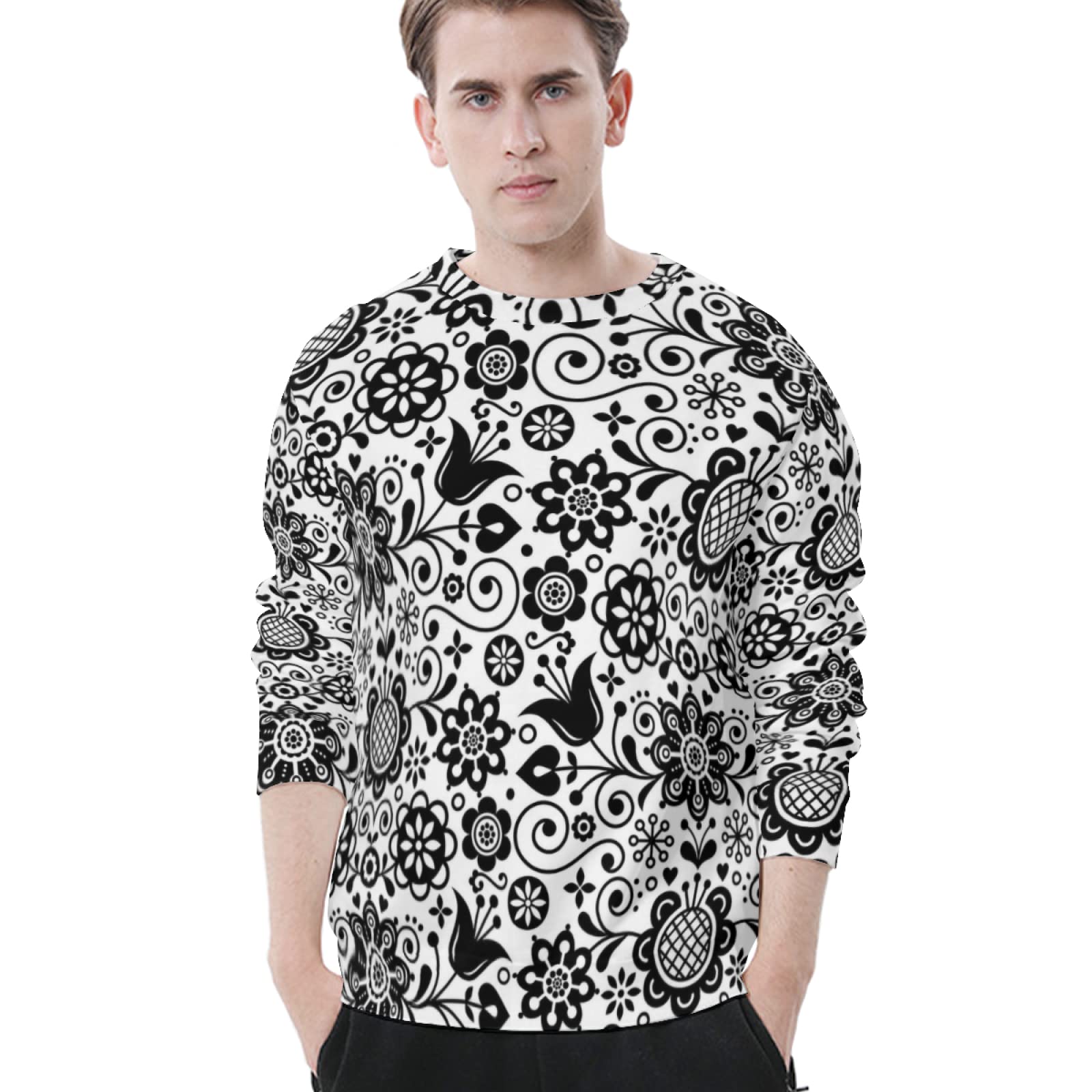 アルベロベロ 花柄 長袖Tシャツ （トレーナー）黒 Amazon.co.jp: トレーナー メンズ パーカー 黒と白 花柄 エスニック柄