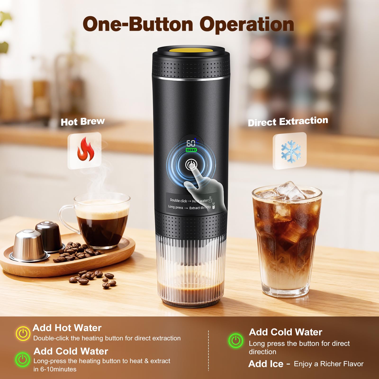 Machine à espresso portable 3 en 1, cafetière à batterie 20bars, mini machine à café nomade avec USB, écran LED, boîte de rangement, compatible café moulu et capsules, pour randonnée, bureau (Noir) - 4