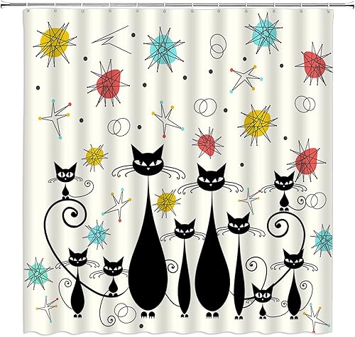 Cortina de ducha moderna de mediados de siglo, diseño de gatos atómicos, icónico, Sputnik, gatito negro, retro, abstracto, vintage, geométrico de