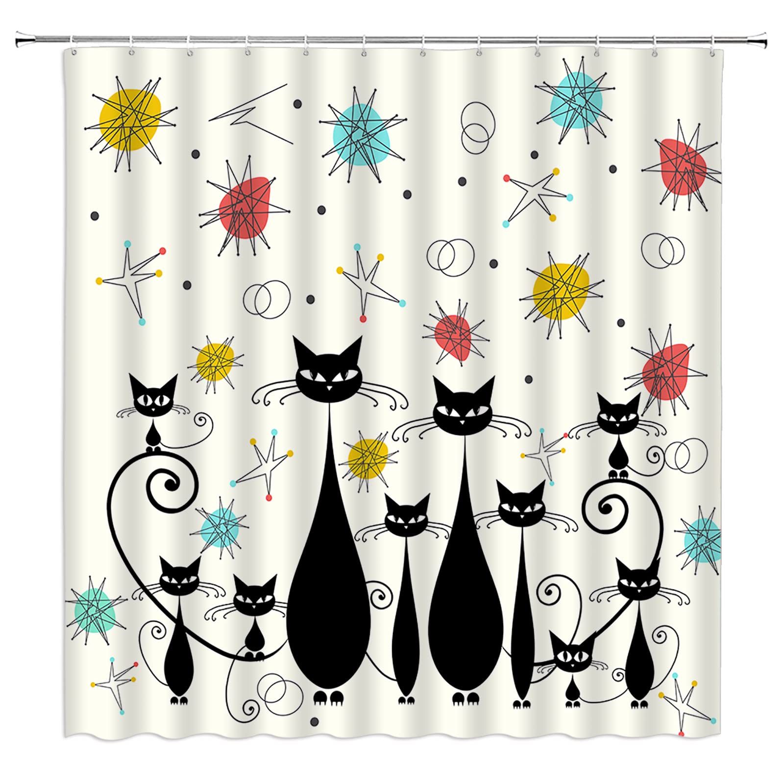 CCXTCZ Mid Century Modern Shower Curtain Atomic Cat Diamonds Iconic Sputnik Black Kitten Retro Abstract Vintage Geometric 1950s 1960s Fabric Bathroom