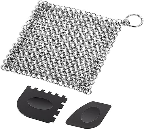 VG® Cast Iron Cookware Cleaner for Skillet,Griddles,Wok, Pot, Pan | Hygienic Option to Scouring Pad |Rust Free| Protects Cookware Seasoning Square 7 Inch Stainless Steel Scrubber & 2 Durable Scrapers