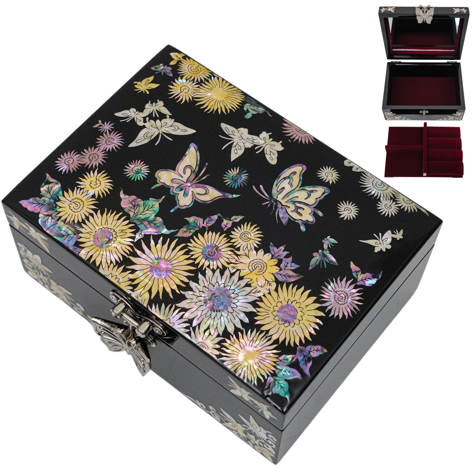 February Mountain Women's Black Mother-Of-Pearl Jewelry Box – Lacquered Keepsake With Sunflower & Butterfly Design, Red Velvet Interior – Elegant Gift For Christmas, Birthday,