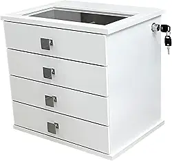 Reluz Art Gaveteiro Porta Joias Belle Forrado com 4 Gavetas, Visor e Tranca Lateral com Chave (Joias, Branco/Cinza)