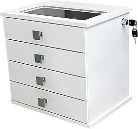 Reluz Art Gaveteiro Porta Joias Belle Forrado com 4 Gavetas, Visor e Tranca Lateral com Chave (Joias, Branco/Cinza)