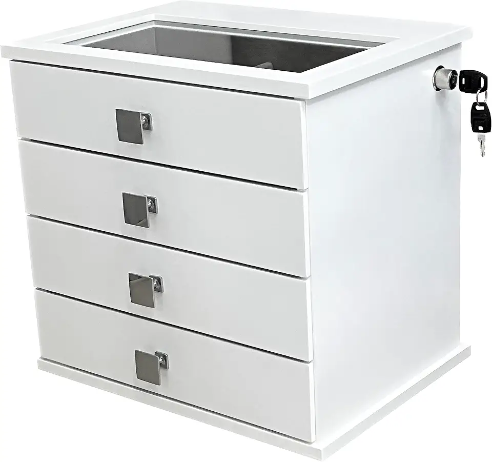 Reluz Art Gaveteiro Porta Joias Belle Forrado com 4 Gavetas, Visor e Tranca Lateral com Chave (Joias, Branco/Cinza)