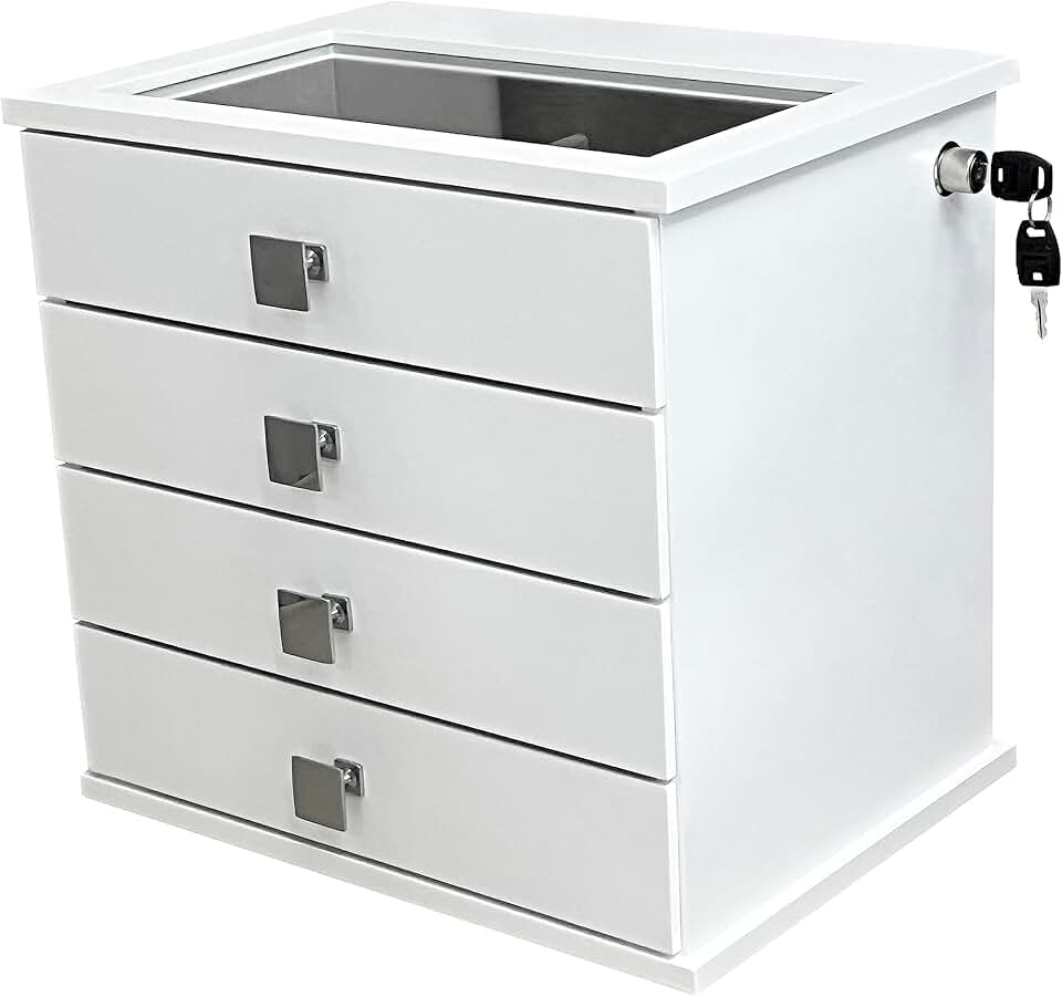 Reluz Art Gaveteiro Porta Joias Belle Forrado com 4 Gavetas, Visor e Tranca Lateral com Chave (Joias, Branco/Cinza)