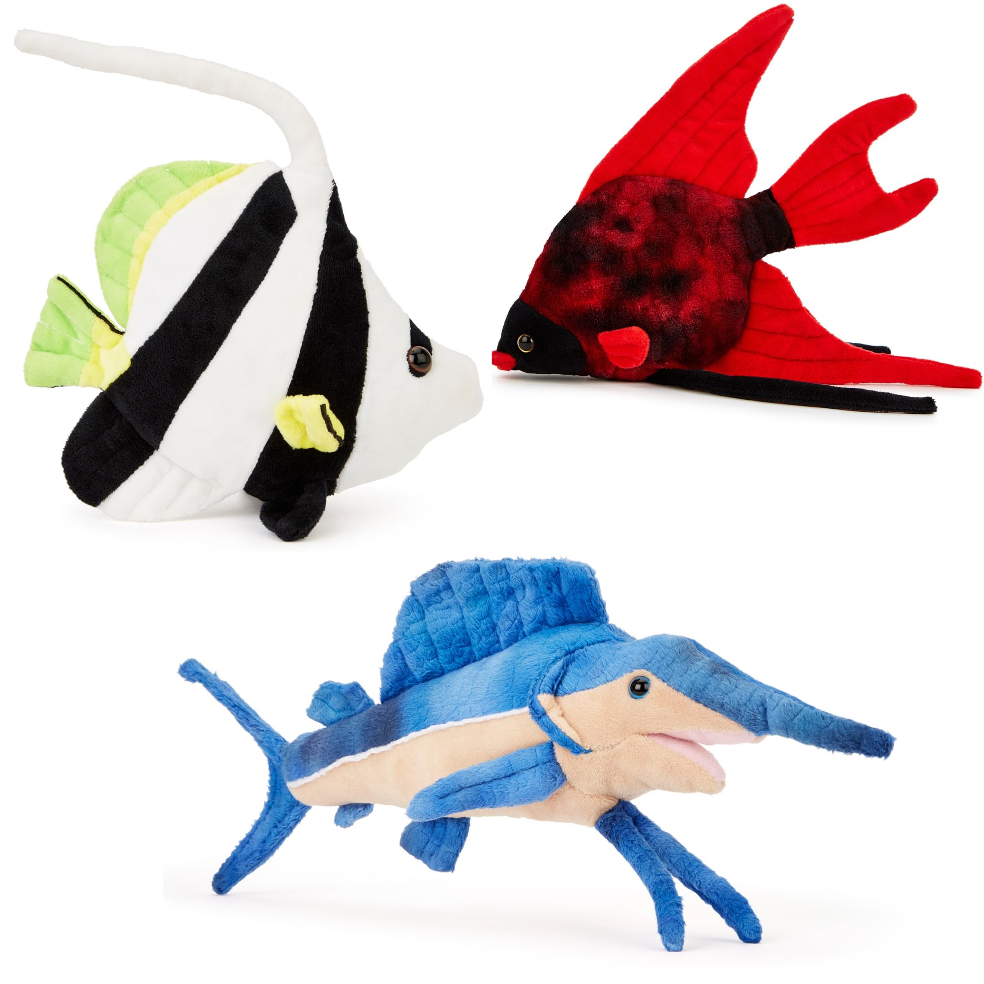 Zappi Co x3 Triple Ocean Pack of Childrens Soft Cuddly Plush Toys - Realistic Life Like (20-22cm) - Angel Fish, Swordfish, Tropical Fish